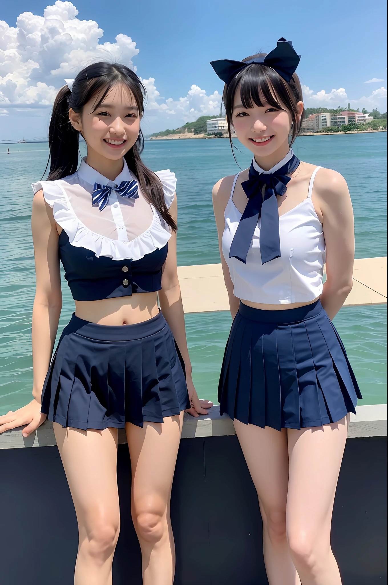 2 girls standing,navy blue bikini-bottom with school-skirt-style-ruffles,sleeveless white shirt,navy blue bow tie,18year old,bangs,smiles,thighs,knees,short cut hair,poneyTail,sea and blue sky in summer