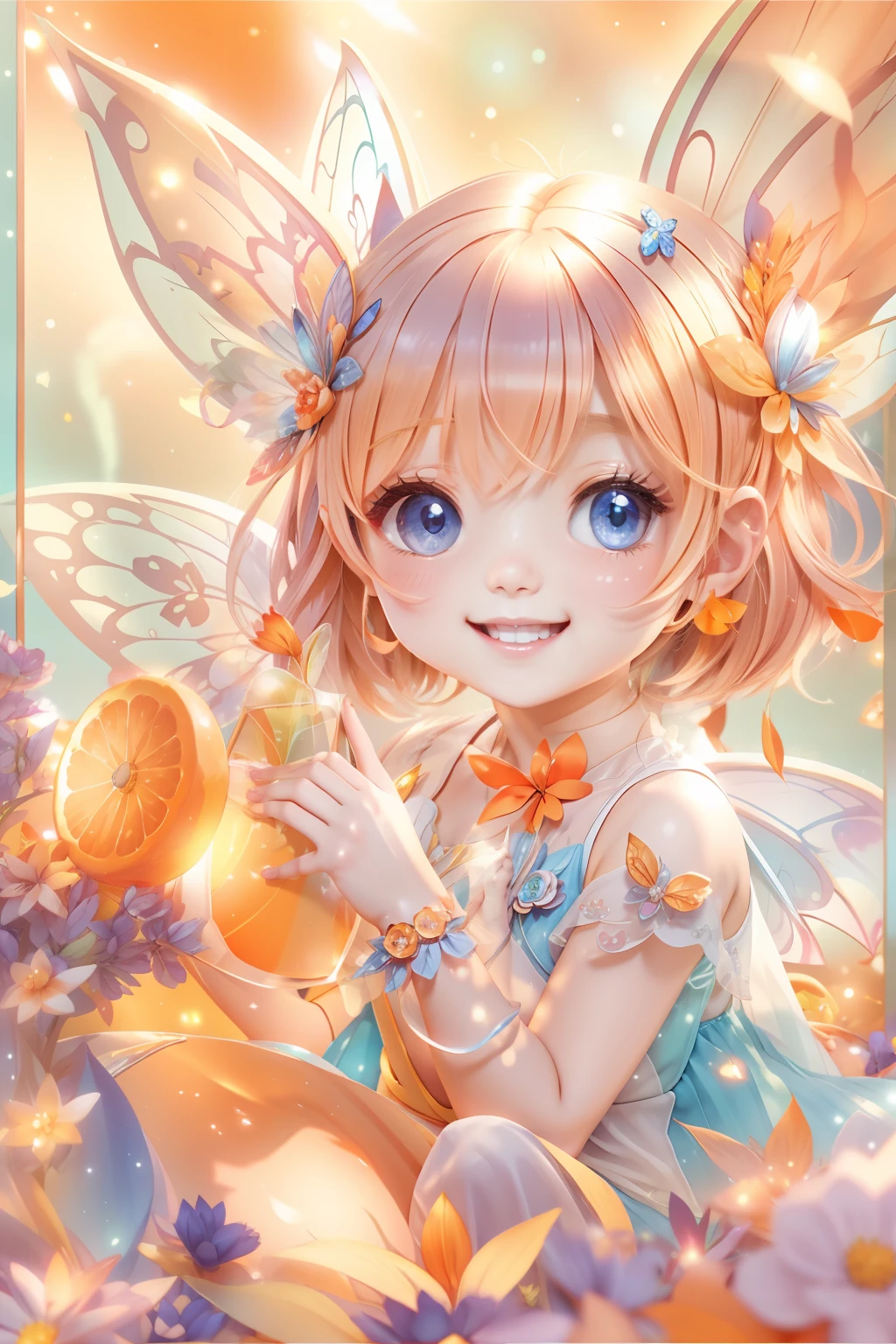 Cute fairy with a sense of transparency、Bright smile、Have fun playing、Beautiful background、Bright background、Orange background