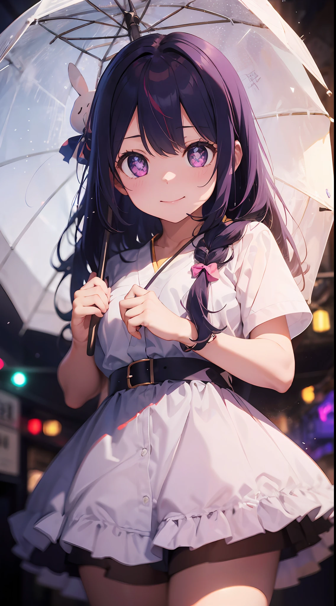 A masterpiece in every detail. ((of the highest quality, 8K, masutepiece: 1.3)), Beauty, One girl, Cute smile, holding a yellow umbrella, short pink hair, She is beautiful, Pretty, Adorable, Cute, 年轻, 15 years old. parka, She is Ai Hoshino, long-haired, Purple hair, Striped hair, Purple eyes, star-shaped pupils, rabbit hair ornament, concert, laught, Floating hair. ((F/1.2)), Shallow depth of field, Strong background lens blur, ISO 3000, auto white balance, Highly detailed professional lighting, Soft light, RAW Photos, Japanese Models, Highest Quality, Masterpieces, awardwinning photo, Huge file size, 8K, High resolution, shot on Sony DSLR, Professional effects, Professional coloring.