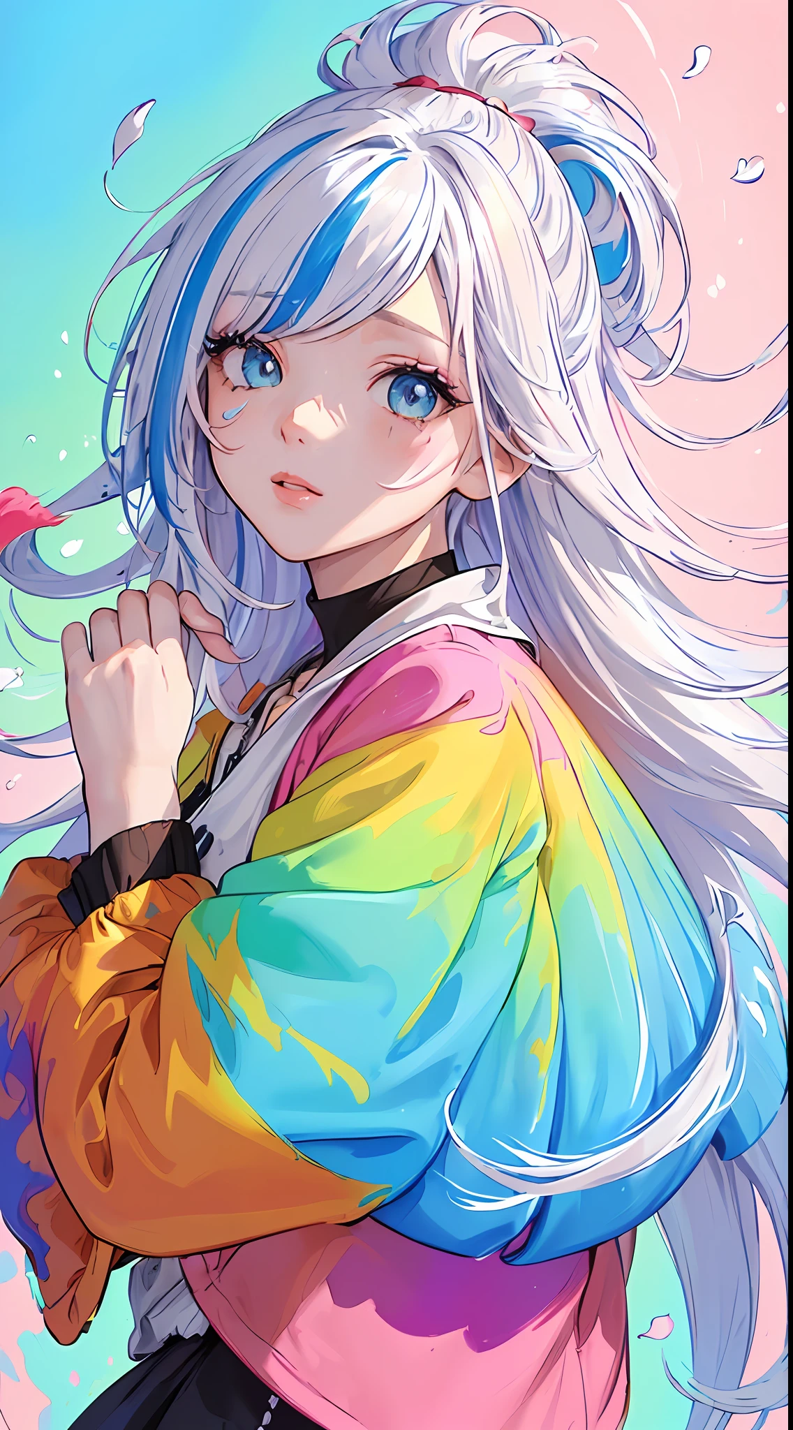 (Pink Fashion jacket:1.9),(Colorful hair: 1.8), (all the colours of the rainbow: 1.8),(((((vertical painting:1.6))), (painting:1.6),front, comics, illustrations, paintings, large eyes, crystal clear eyes,( rainbow color gradient high ponytail:1.7), exquisite makeup, closed mouth,(Small Fresh: 1.5), long eyelashes, colorful jacket, looking at the audience, large watery eyes, (rainbow colored hair:1.6), color splash, (solo:1.8), color splash, color explosion, thick paint style, messy lines, ((shining)),(colorful), (colorful), (colorful), colorful, Thick Paint Style, (Splash) (Color Splash), Vertical Painting, Upper Body, Paint Splash, Acrylic Pigment, Gradient, Paint, Highest Image Quality, Highest Quality, Masterpiece, Solo, Depth of Field, Face Paint, colorful jacket, (Elegant: 1.2), gorgeous,long hair, wind, (Elegant: 1.3), (Petals: 1.4),(((masterpiece))),(((best quality))),((ultra-detailed)),(illustration),(dynamic angle),((floating)),(paint),((disheveled hair)),(solo),(1girl) , (((detailed anima face))),((beautiful detailed face)),collar, white hair, ((colorful hair)),((streaked hair)),beautiful detailed eyes,(Gradient color eyes),(((colorful eyes))),(((colorful background))),(((high saturation))),(((surrounded by colorful splashes))),