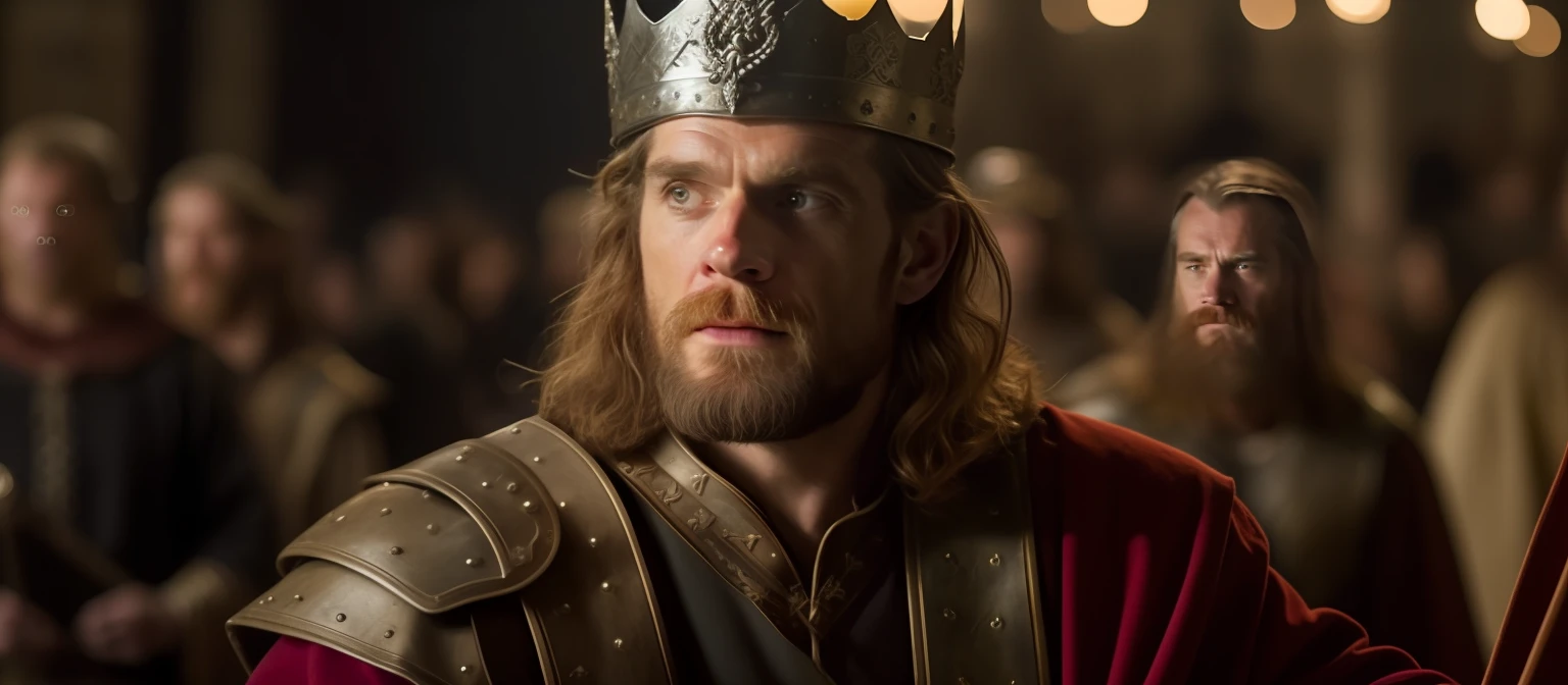 a man with a crown on his head, expression of wickedness, sobrancelhas curvadas, as if looking at someone, in a crowd, king richard the lionheart, Velho Rei Medieval, Henry Cavill como um deus grego, biblical epic movie, Nicolau, Rei Artur, Rei Viking, grande rei de stovokor, epic viking king, Willem Dafoe em Plague Knight, Bryan Cranston como Thor, Guilherme Dafoe, usando coroa de reis