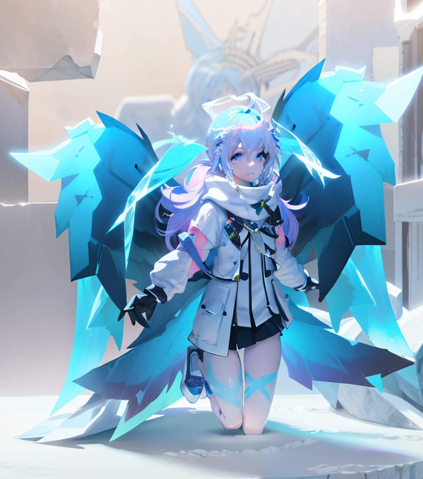 Anime characters with wings and halos on their heads, Ice crystal armor, anime styled 3d, Epic angel wings, icey, aesthetic cute with flutter, icy, Ice Queen, as a mystical valkyrie, ethereal wings, She has pale blue skin!!!, with real wings, on an icy throne, Robloc avatar, Sky blue hair, Cold white skin