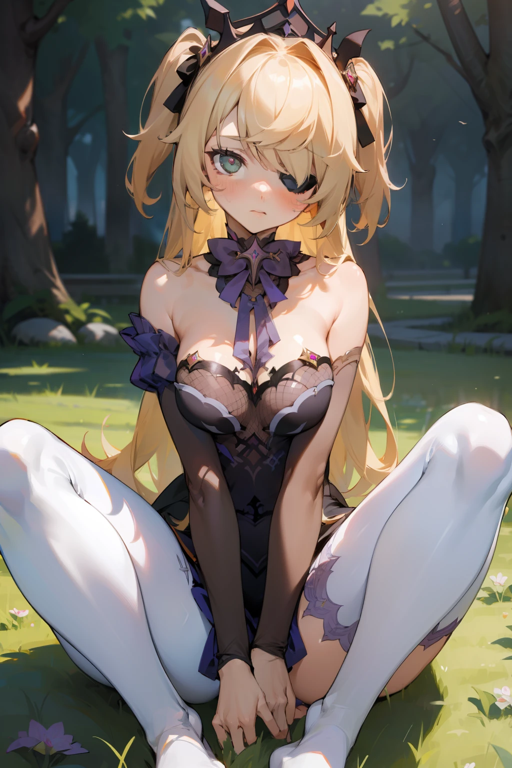 (masterpiece),best quality, expressive eyes, perfect face,w sitting, w sitting on ground, legs on ground, arms between legs, bot arms between legs,1girl,
big breast, H-cup, good breast,fischldef,
fischlein,
fischlrnd,blush,horny