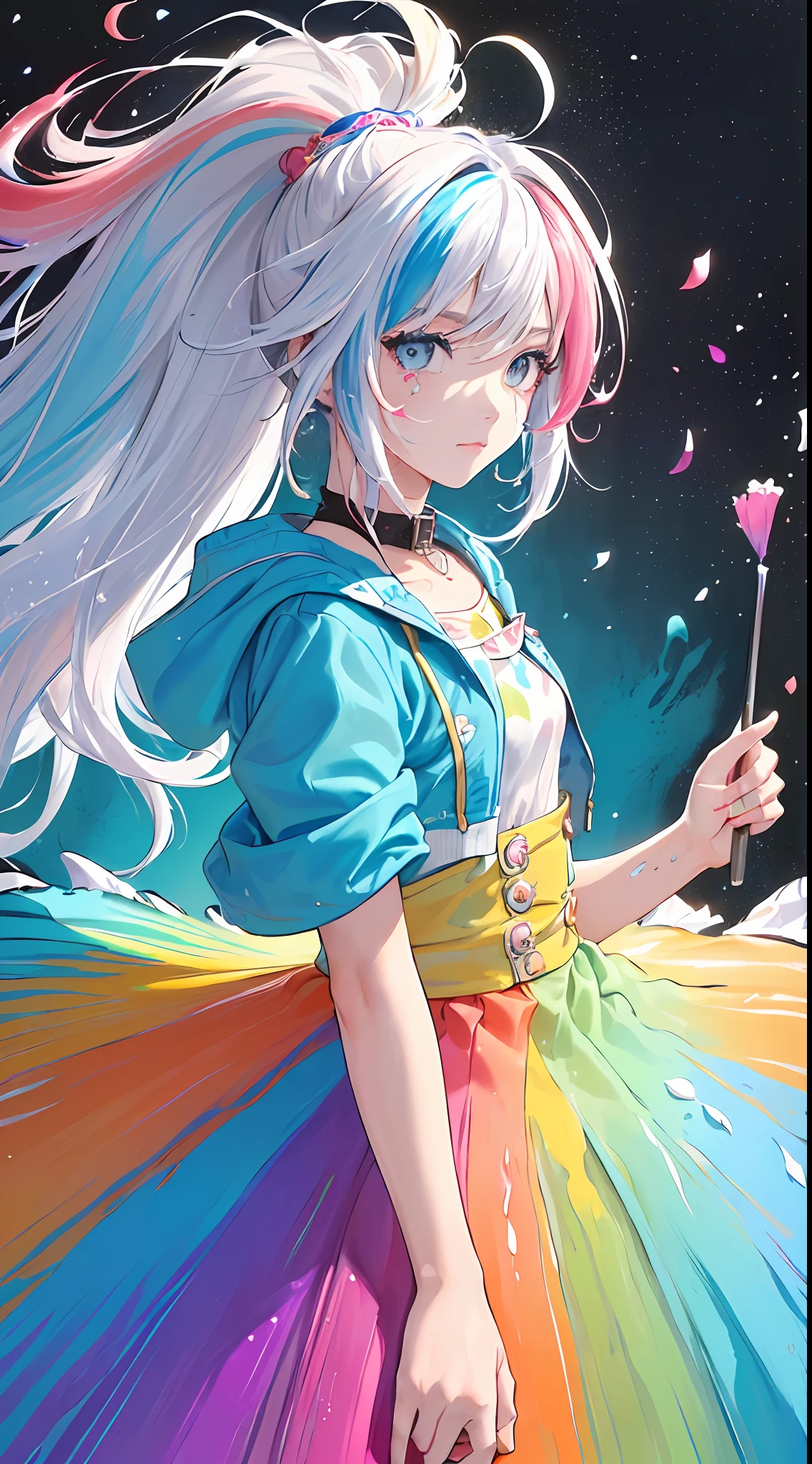 (Pink Fashion jacket:1.9),(Colorful hair: 1.8), (all the colours of the rainbow: 1.8),(((((vertical painting:1.6))), (painting:1.6),front, comics, illustrations, paintings, large eyes, crystal clear eyes,( rainbow color gradient high ponytail:1.7), exquisite makeup, closed mouth,(Small Fresh: 1.5), long eyelashes, colorful jacket, looking at the audience, large watery eyes, (rainbow colored hair:1.6), color splash, (solo:1.8), color splash, color explosion, thick paint style, messy lines, ((shining)),(colorful), (colorful), (colorful), colorful, Thick Paint Style, (Splash) (Color Splash), Vertical Painting, Upper Body, Paint Splash, Acrylic Pigment, Gradient, Paint, Highest Image Quality, Highest Quality, Masterpiece, Solo, Depth of Field, Face Paint, colorful jacket, (Elegant: 1.2), gorgeous,long hair, wind, (Elegant: 1.3), (Petals: 1.4),(((masterpiece))),(((best quality))),((ultra-detailed)),(illustration),(dynamic angle),((floating)),(paint),((disheveled hair)),(solo),(1girl) , (((detailed anima face))),((beautiful detailed face)),collar, white hair, ((colorful hair)),((streaked hair)),beautiful detailed eyes,(Gradient color eyes),(((colorful eyes))),(((colorful background))),(((high saturation))),(((surrounded by colorful splashes))),