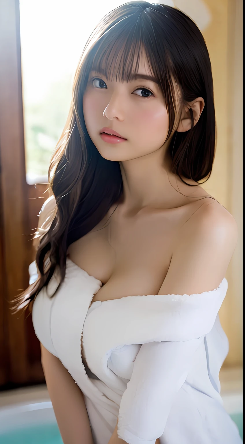 bath towels、Thin constriction、very Bigger breasts、Top image quality、8k、​masterpiece、Overall photo、natural soft light、Focus sharpness、Beauty with outstanding style、Highly detailed facial and skin texture、A detailed eye、二重まぶた、bath room