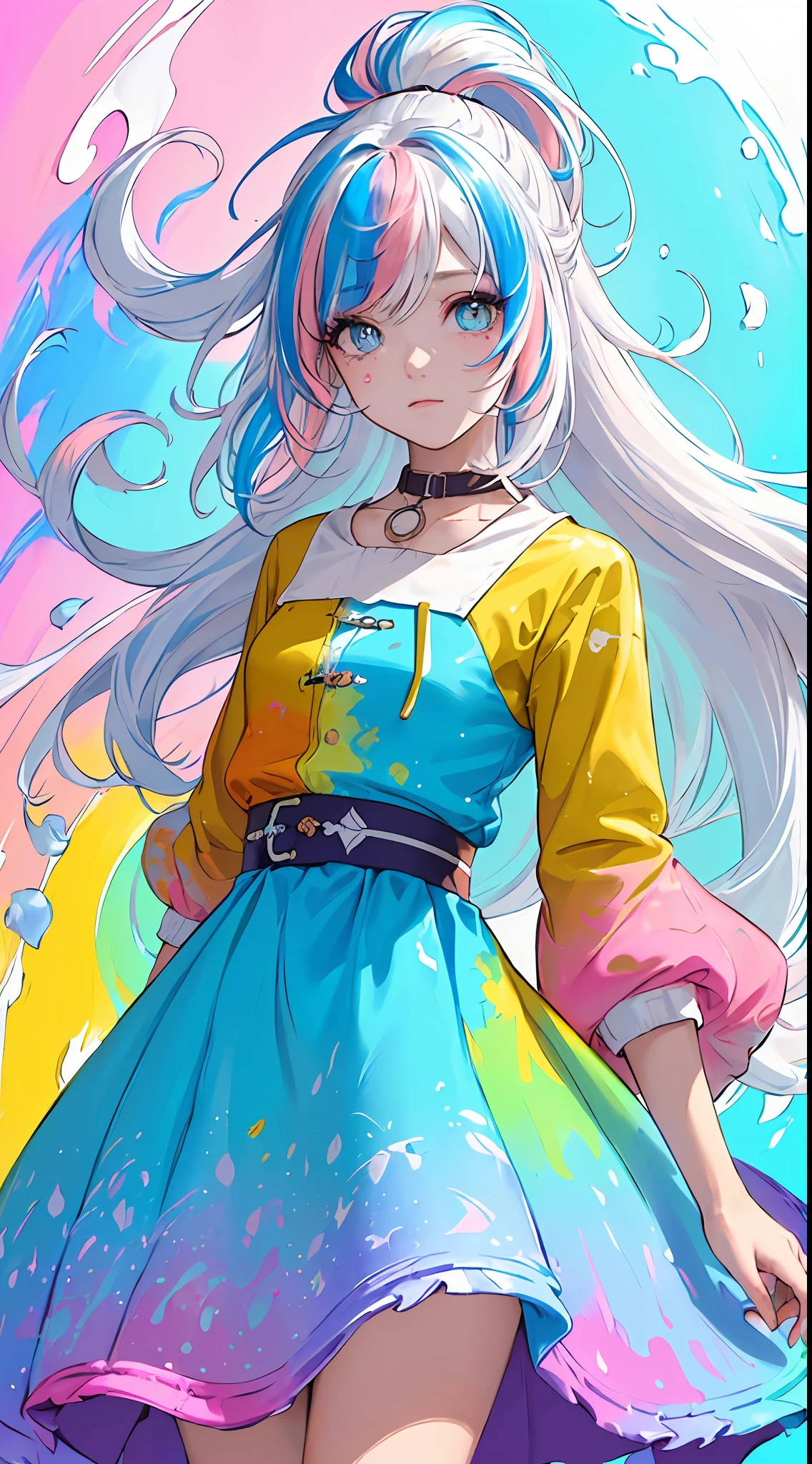(Pink Fashion jacket：1.9)，(Colorful hair: 1.8), (all the colours of the rainbow: 1.8),(((((vertical painting：1.6))), （painting：1.6），front, comics, illustrations, paintings, large eyes, crystal clear eyes,（ rainbow color gradient high ponytail：1.7）, exquisite makeup, closed mouth,(Small Fresh: 1.5), long eyelashes, colorful jacket, looking at the audience, large watery eyes, (rainbow colored hair：1.6), color splash, （solo：1.8）, color splash, color explosion, thick paint style, messy lines, ((shining))，(colorful), (colorful), (colorful), colorful, Thick Paint Style, (Splash) (Color Splash), Vertical Painting, Upper Body, Paint Splash, Acrylic Pigment, Gradient, Paint, Highest Image Quality, Highest Quality, Masterpiece, Solo, Depth of Field, Face Paint,  colorful jacket, (Elegant: 1.2), gorgeous,long hair, wind, (Elegant: 1.3), (Petals: 1.4)，(((masterpiece))),(((best quality))),((ultra-detailed)),(illustration),(dynamic angle),((floating)),(paint),((disheveled hair)),(solo),(1girl) , (((detailed anima face))),((beautiful detailed face)),collar, white hair, ((colorful hair)),((streaked hair)),beautiful detailed eyes,(Gradient color eyes),(((colorful eyes))),(((colorful background))),(((high saturation))),(((surrounded by colorful splashes))),