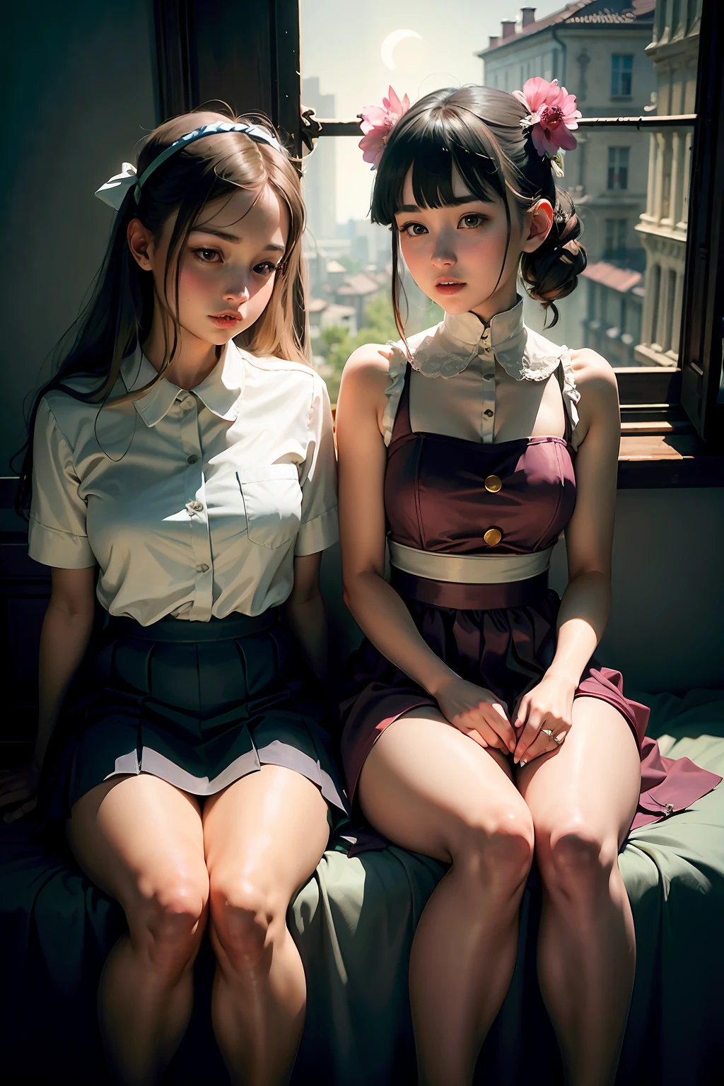 (Masterpiece:1.2),(Photorealsitic:1.5),2girls, duo,Silk,Satin,Skirt,Warm spring,Moonlight,