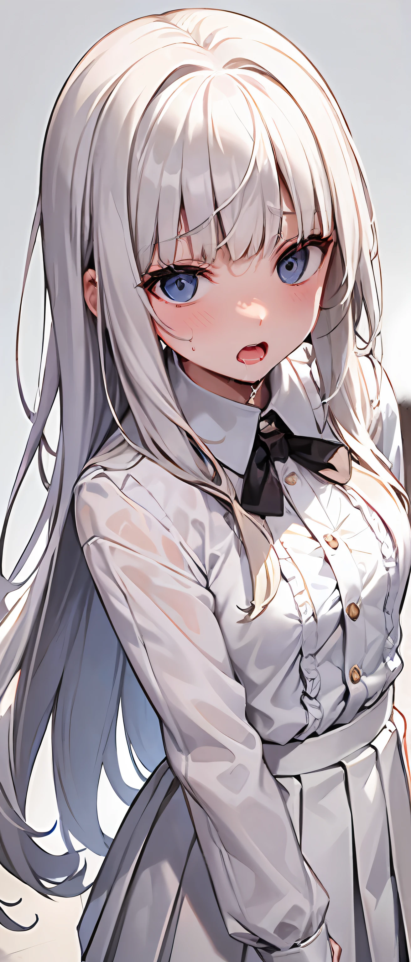 best quality,masterpiece,white background,white shirt,short pleated skirt,upper body,Fair skin,blunt bangs,gladient hair,loosen clothing around the neck,look down on,extremely long hair,spreading hair,ivory hair,loafers,embarrassed face,wet,children,young,girl,Sweat,drooling face,open one's mouth