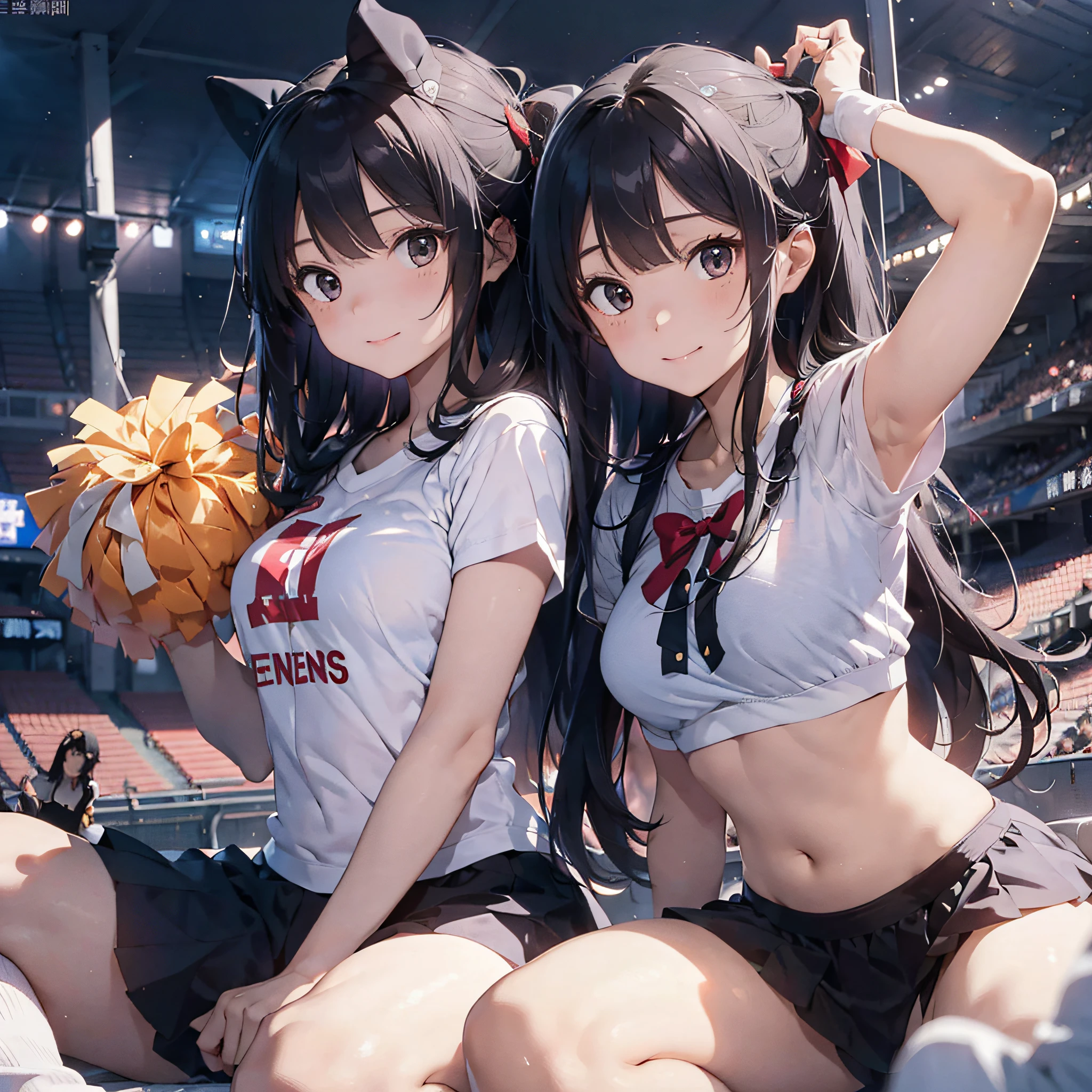 Two Alafed Asian cheerleaders posing dynamically with big pom-poms in each hand in the stadium stands、a closeup、cosplay foto、Anime Cosplay、tiny chest、Raw photography, top-quality, hight resolution, (masterpiece), (Photorealsitic:1.4), professional photograpy, foco nítido, nffsw, 8K分辨率, intricate detailes, depth of fields, the Extremely Detailed CG Unity 8K Wallpapers, front lit, girl with, beautiful supermodel, A smile、A slender、Korean style uniform、Peeking from below、(skinny thigh)、I see underwear、Wear a visor cap on your head、Squatting