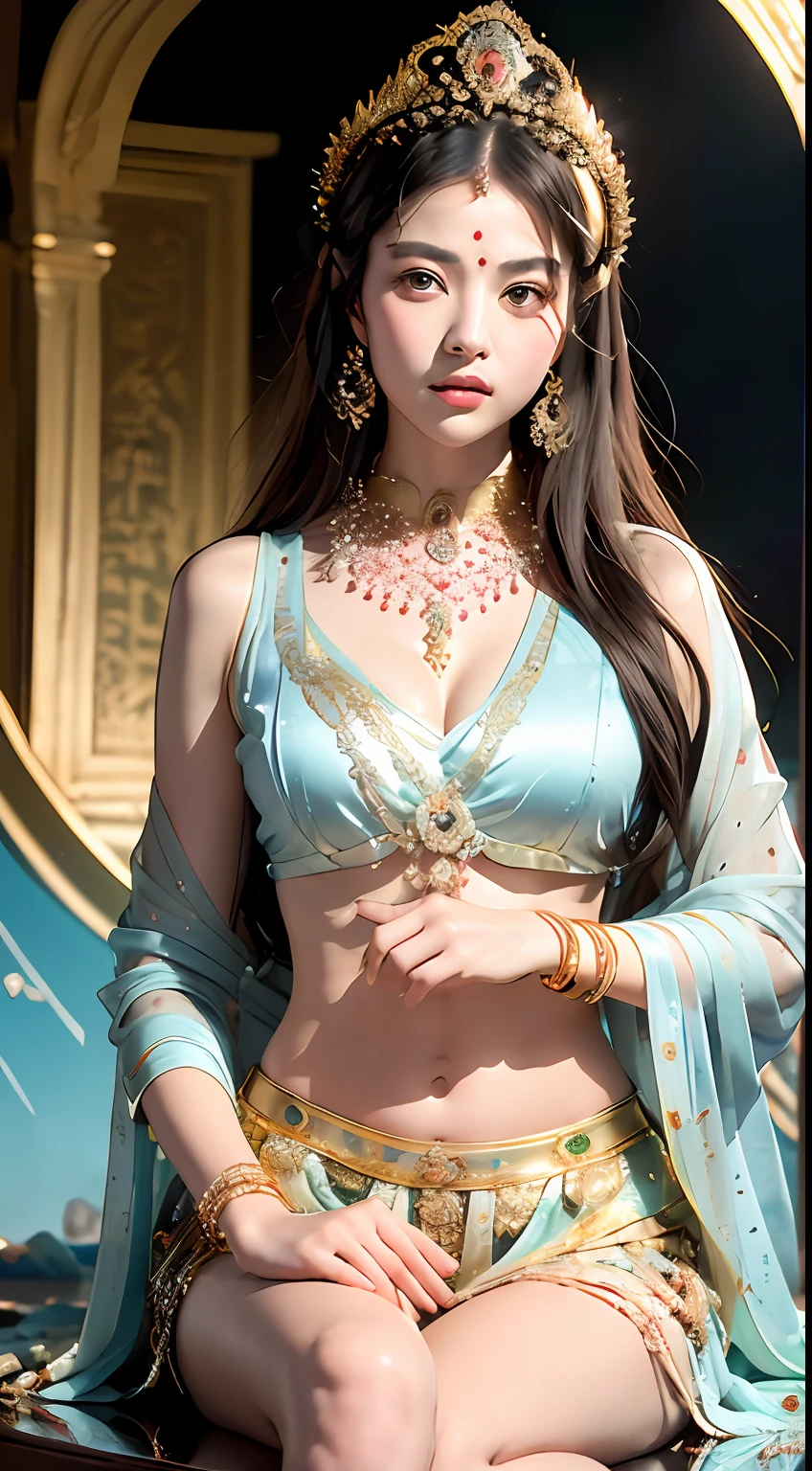 ((best qualtiy, 8K, tmasterpiece:1.3)),  Perfect figure, beautiful heavenly goddess Lotus sitting cross-legged，Look at the camera with a gentle expression，Holding a small lotus flower， fully body photo，Slim abs:1.2, ((Layered Hair Style, mideum breasts)), (Shawl tulle：1.1），A skirt embroidered with an auspicious pattern，（crown，choker necklace，Yingluo），Highly detailed facial and skin texture，A detailed eye，二重まぶた，looks into camera，Head background sky with circular halo，Light，with blue sky and white clouds，indian goddess of wealth，Mysterious ancient oriental princess，Venerable goddess，