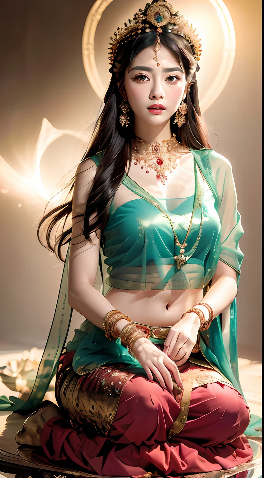 ((best qualtiy, 8K, tmasterpiece:1.3)),  Perfect figure, beautiful heavenly goddess Lotus sitting cross-legged，Look at the camera with a gentle expression，Holding a small lotus flower， fully body photo，Slim abs:1.2, ((Layered Hair Style, mideum breasts)), (Shawl tulle：1.1），A skirt embroidered with an auspicious pattern，（crown，choker necklace，Yingluo），Highly detailed facial and skin texture，A detailed eye，二重まぶた，looks into camera，Head background sky with circular ha*****ght，with blue sky and white clouds，indian goddess of wealth，Mysterious ancient oriental princess，Venerable goddess，