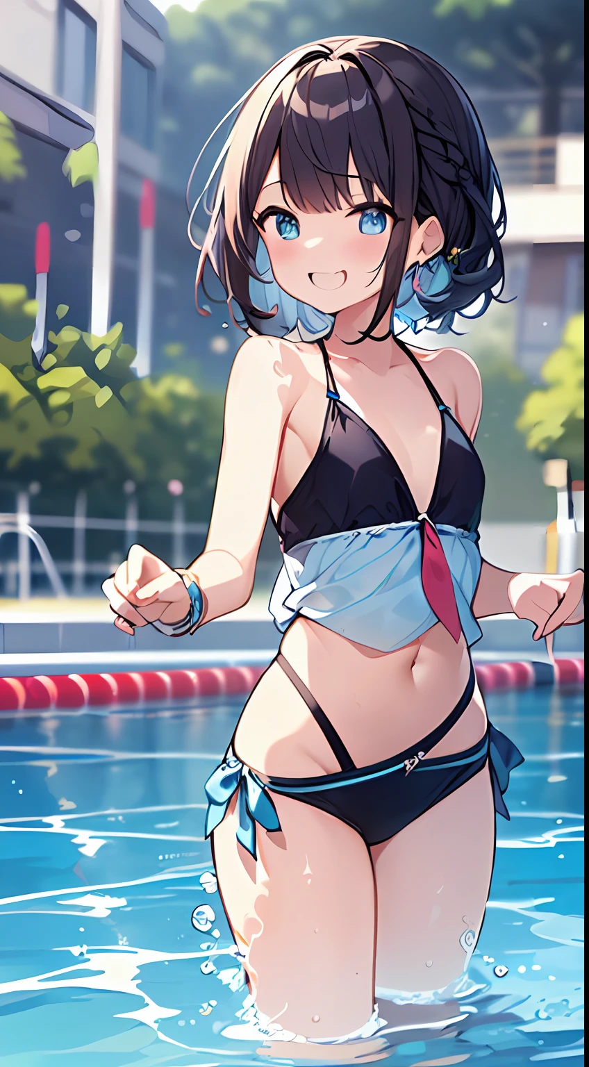 (Incredibly ridiculous absolute resolution:1.5)、hiquality、top-quality、masuter piece、Anime girl in light blue and white bikini, 魅惑的、Anime , 8k Manga Wallpapers, Smile、Shy laughter、((small curvy loli pretty anime girl,((swimming pools))、(Medium Shorthair)、(short braided hair)、blurry backround