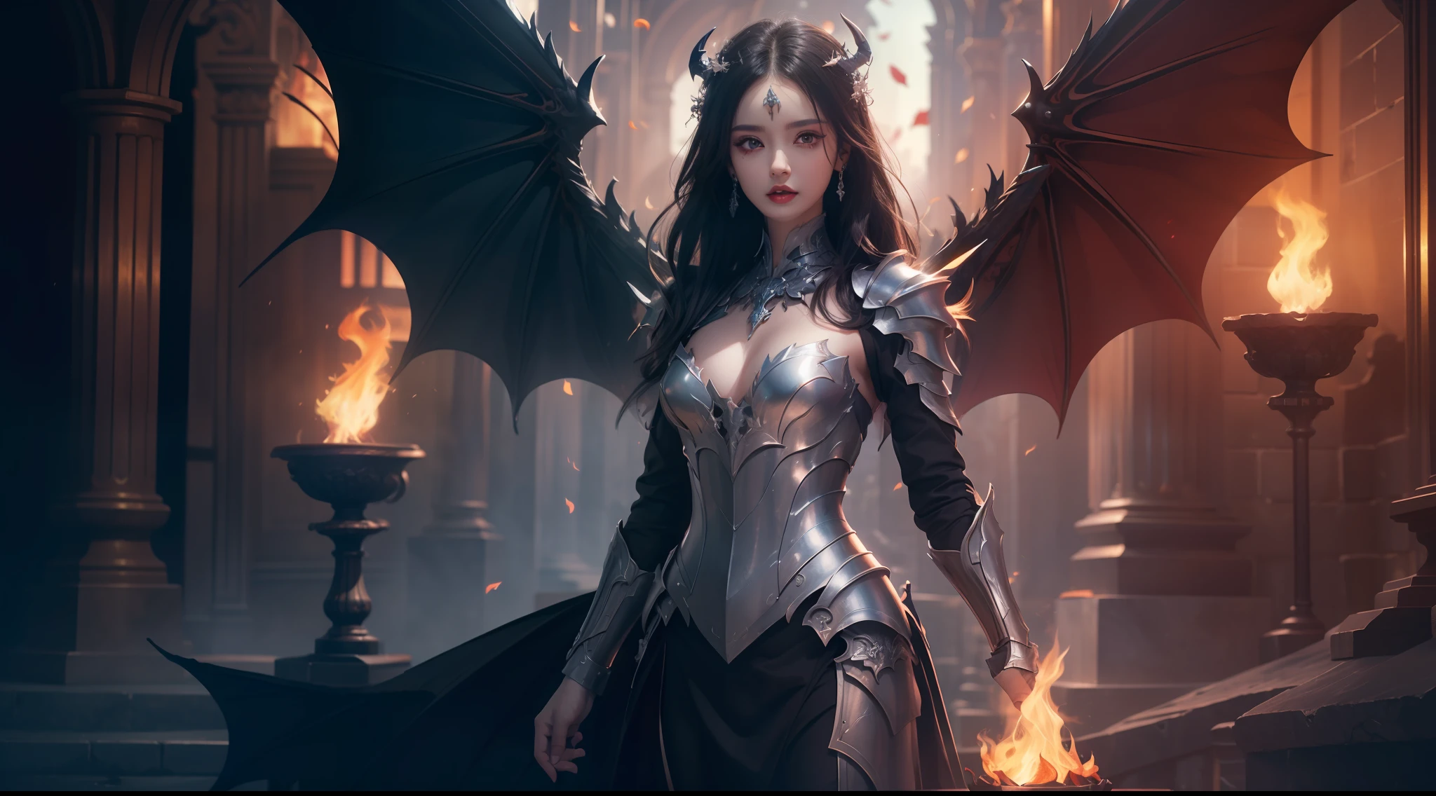 (Extremely detailed Cg Unity 8K wallpaper,Masterpiece, Best quality, Ultra-detailed, Beautiful detailed eyes:1.2),Best illumination, (Best shadow, An extremely delicate and beautiful, full bloom),
1girll,Solo,Dragon's horn,Large breasts,Heavy armor,Long hair,holdingsword,Devil Wings,Bat wings,(Big wings:1.4),Film filter,satan, Hellfire,full bodyesbian,demon,Flame,Temple,illusory engine, (High detail: 1.9)