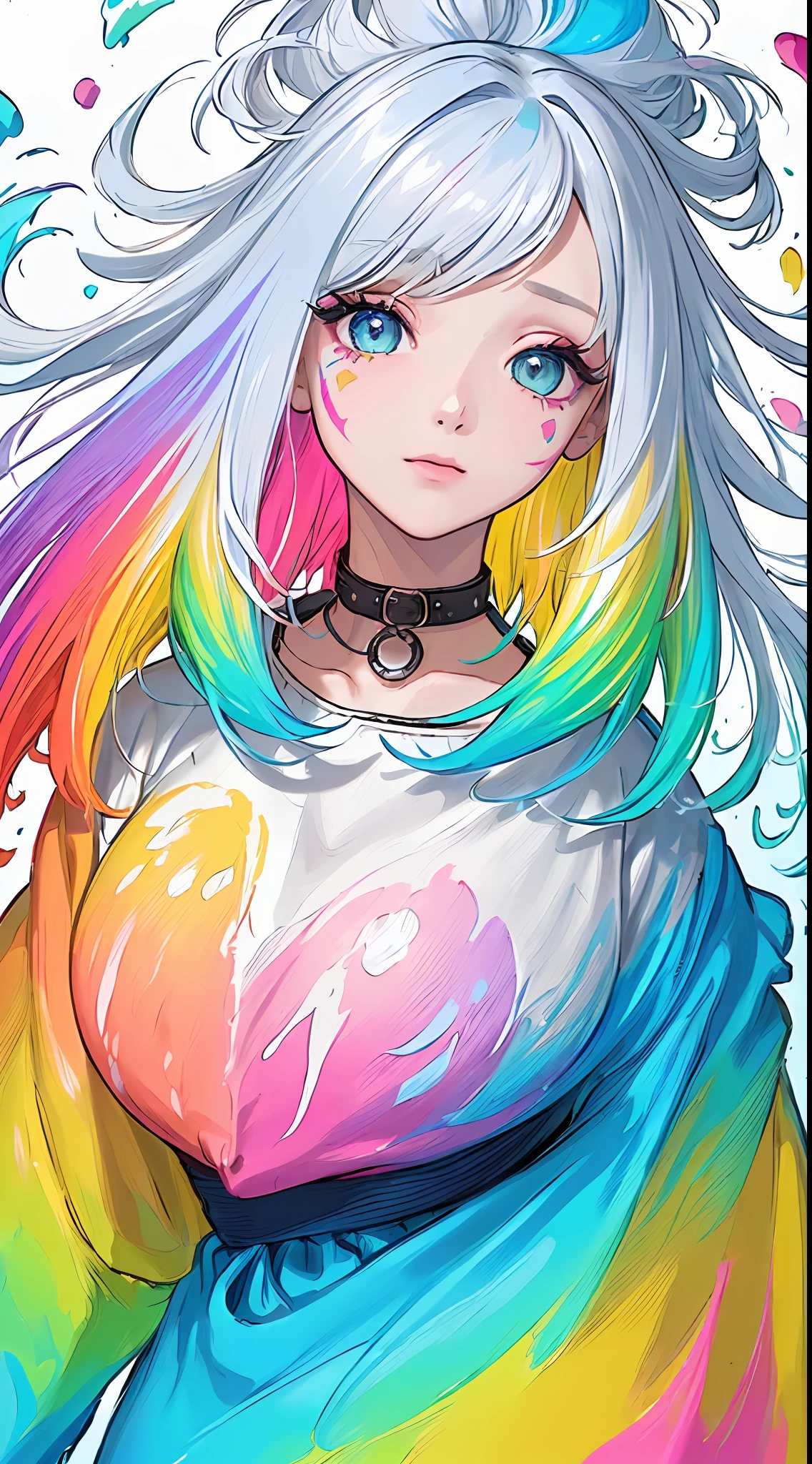 (Pink Fashion jacket:1.9),(Colorful hair: 1.8), (all the colours of the rainbow: 1.8),(((((vertical painting:1.6))), (painting:1.6),front, comics, illustrations, paintings, large eyes, crystal clear eyes,( rainbow color gradient high ponytail:1.7), exquisite makeup, closed mouth,(Small Fresh: 1.5), long eyelashes, colorful jacket, looking at the audience, large watery eyes, (rainbow colored hair:1.6), color splash, (solo:1.8), color splash, color explosion, thick paint style, messy lines, ((shining)),(colorful), (colorful), (colorful), colorful, Thick Paint Style, (Splash) (Color Splash), Vertical Painting, Upper Body, Paint Splash, Acrylic Pigment, Gradient, Paint, Highest Image Quality, Highest Quality, Masterpiece, Solo, Depth of Field, Face Paint, colorful jacket, (Elegant: 1.2), gorgeous,long hair, wind, (Elegant: 1.3), (Petals: 1.4),(((masterpiece))),(((best quality))),((ultra-detailed)),(illustration),(dynamic angle),((floating)),(paint),((disheveled hair)),(solo),(1girl) , (((detailed anima face))),((beautiful detailed face)),collar, white hair, ((colorful hair)),((streaked hair)),beautiful detailed eyes,(Gradient color eyes),(((colorful eyes))),(((colorful background))),(((high saturation))),(((surrounded by colorful splashes))),