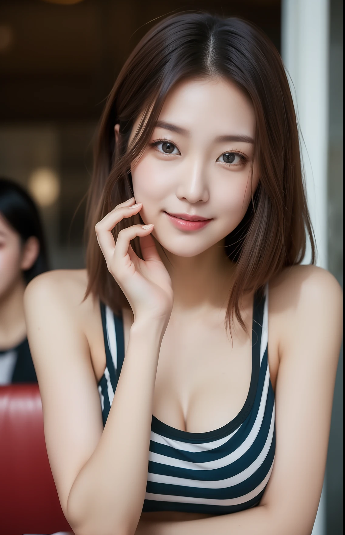 realistic photos of (1 cute Korean star) expressive hair, thin makeup, 32 inch breasts size, slightly smile, wearing red and blue striped tank top, rest one's chin on one's hands, at the outdoor restaurant, cinematic lightning