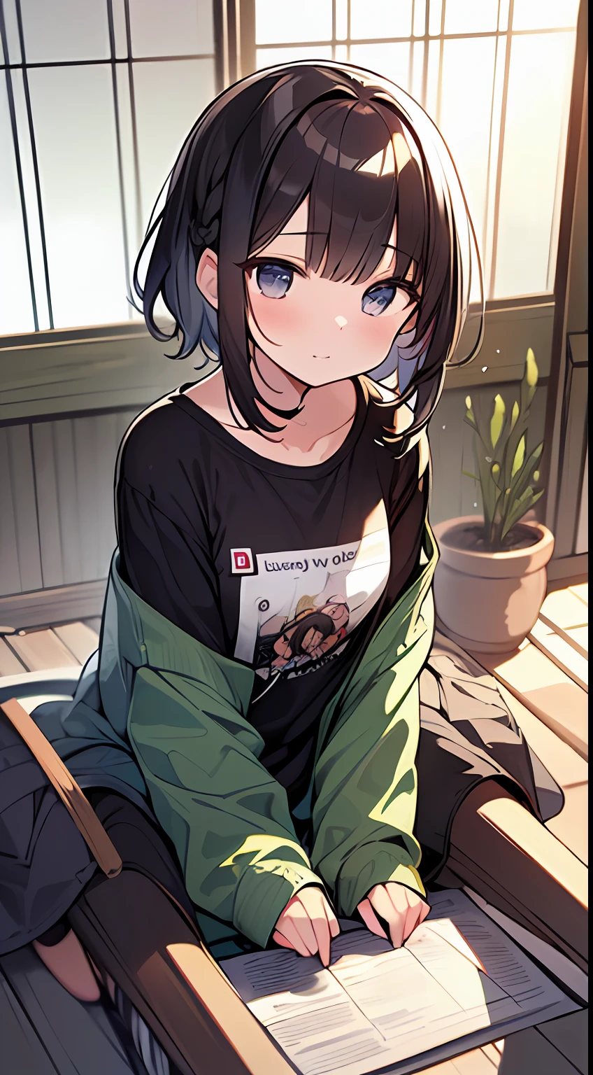 (top-quality、32K image quality、masterpiece、nffsw:1.2)、a cute loli、Medium short hair、short braiding、beauitful face、(Slouched:1.3)、crouching down、(From above:1.2)、(a closeup:1.4)、small curvy loli、((You can see the chest))、Bust Up Perspective、Loose baggy T-shirt、(beautiful nipple slips:0.9)、outside of house、the wind、shinny skin、blurry backround