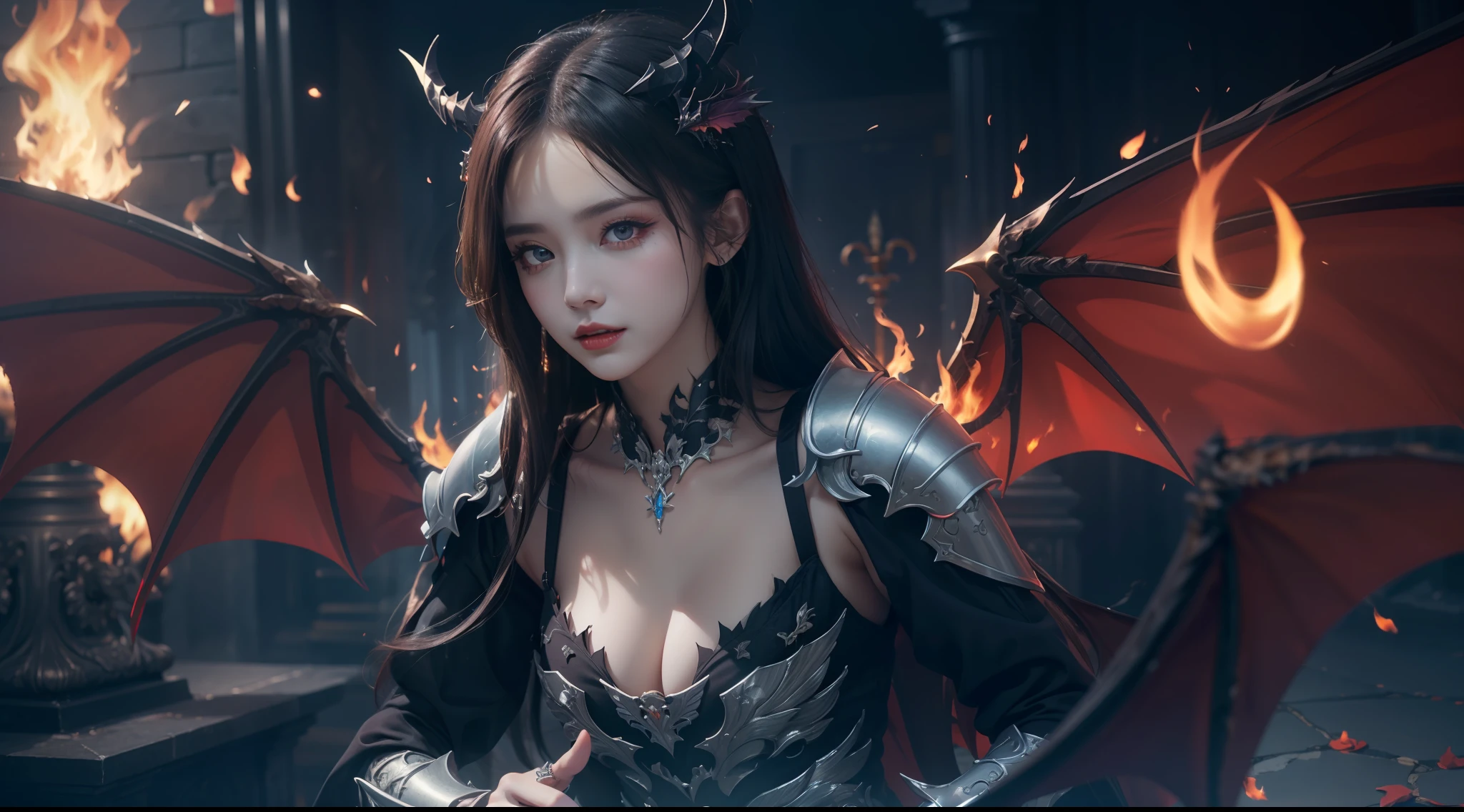 (Extremely detailed Cg Unity 8K wallpaper,Masterpiece, Best quality, Ultra-detailed, Beautiful detailed eyes:1.2),Best illumination, (Best shadow, An extremely delicate and beautiful, full bloom),
1girll,Solo,Dragon's horn，Large breasts，Heavy armor,Long hair,holdingsword,Devil Wings,Bat wings,(Big wings:1.4),Film filter,satan, Hellfire,full bodyesbian,demon,Flame,Temple，illusory engine， (High detail: 1.9)