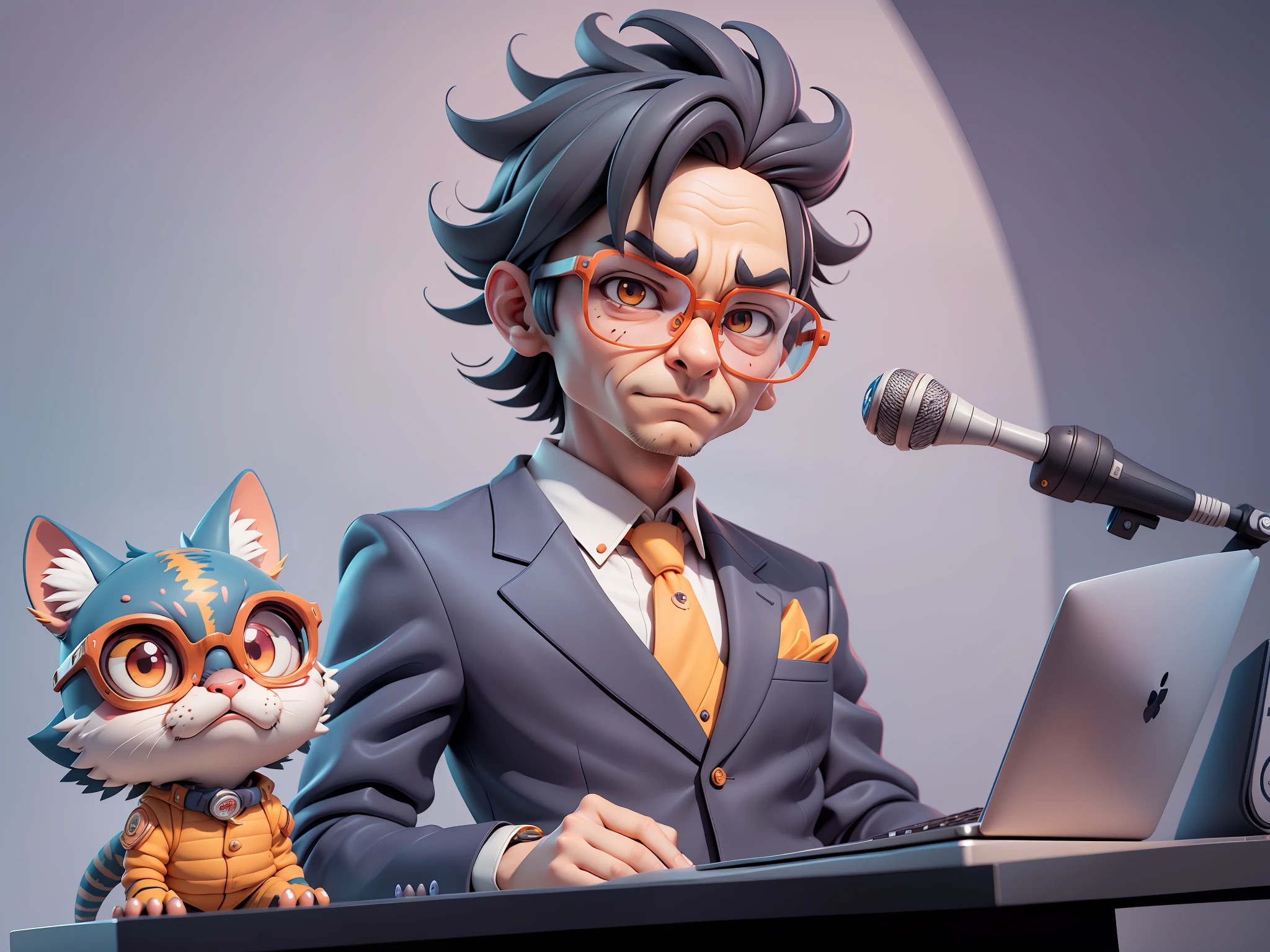 A young man in a suit, Short hair and glasses sat at his desk,holding laptop,digitial painting,tigre,3D character design by Mark Clairen and Pixar and Hayao Miyazaki and Akira Toriyama,4K HD illustration,Very detailed facial features and cartoon-style visuals。