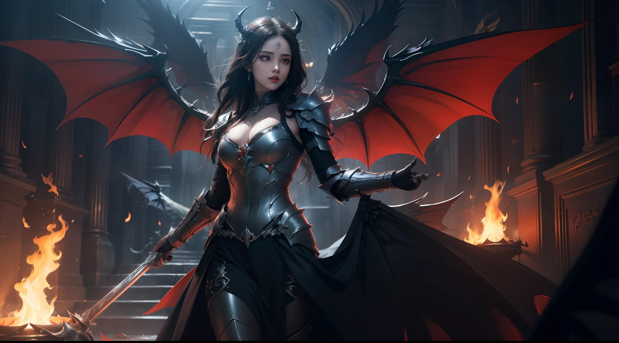 (Extremely detailed Cg Unity 8K wallpaper,Masterpiece, Best quality, Ultra-detailed, Beautiful detailed eyes:1.2),Best illumination, (Best shadow, An extremely delicate and beautiful, full bloom),
1girll,Solo,Dragon's horn,Large breasts,Heavy armor,Long hair,holdingsword,Devil Wings,Bat wings,(Big wings:1.4),Film filter,satan, Hellfire,full bodyesbian,demon,Flame,Temple,illusory engine, (High detail: 1.9)