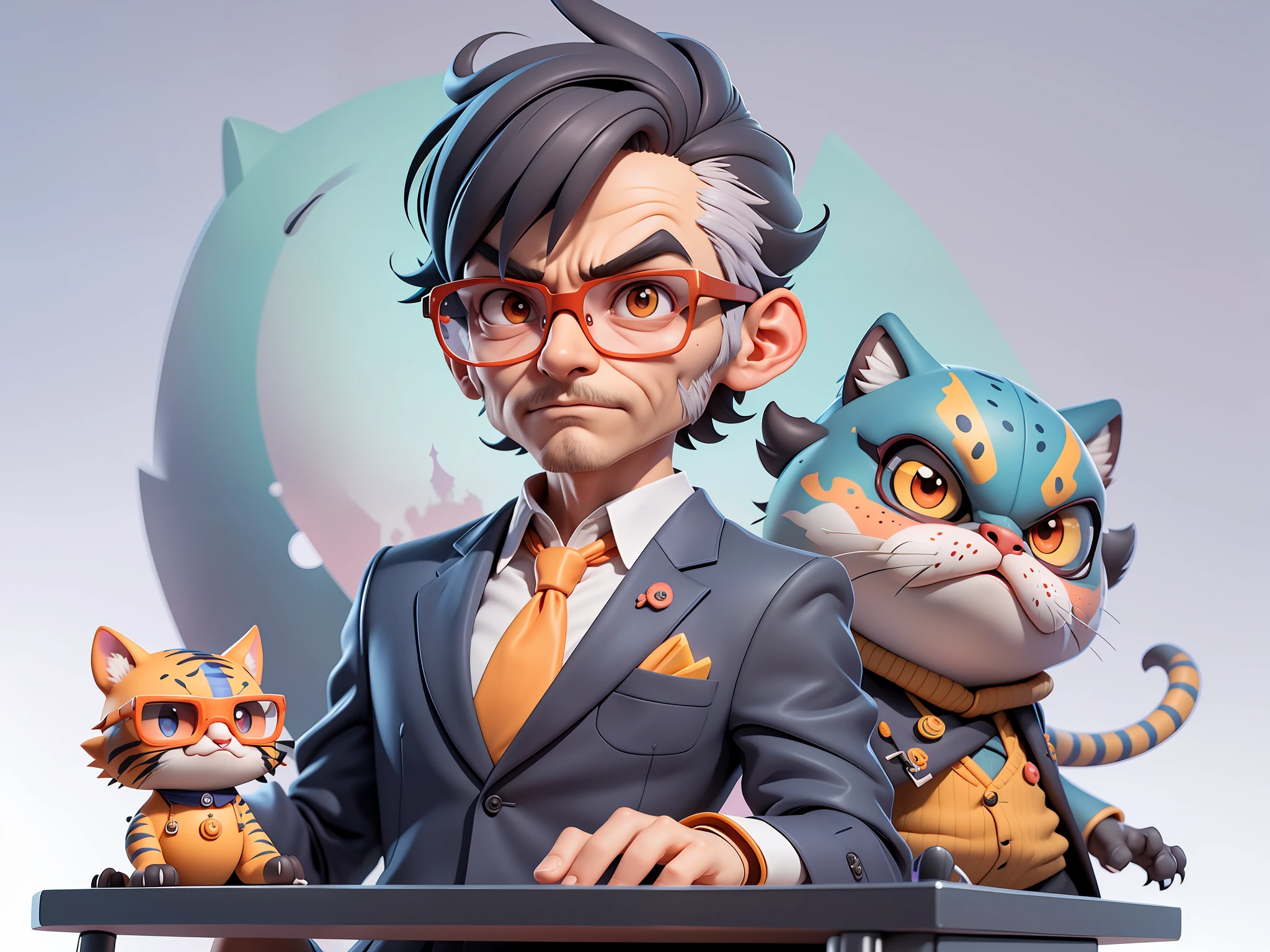 A young man in a suit, Short hair and glasses sat at his desk,holding laptop,digitial painting,tigre,3D character design by Mark Clairen and Pixar and Hayao Miyazaki and Akira Toriyama,4K HD illustration,Very detailed facial features and cartoon-style visuals。