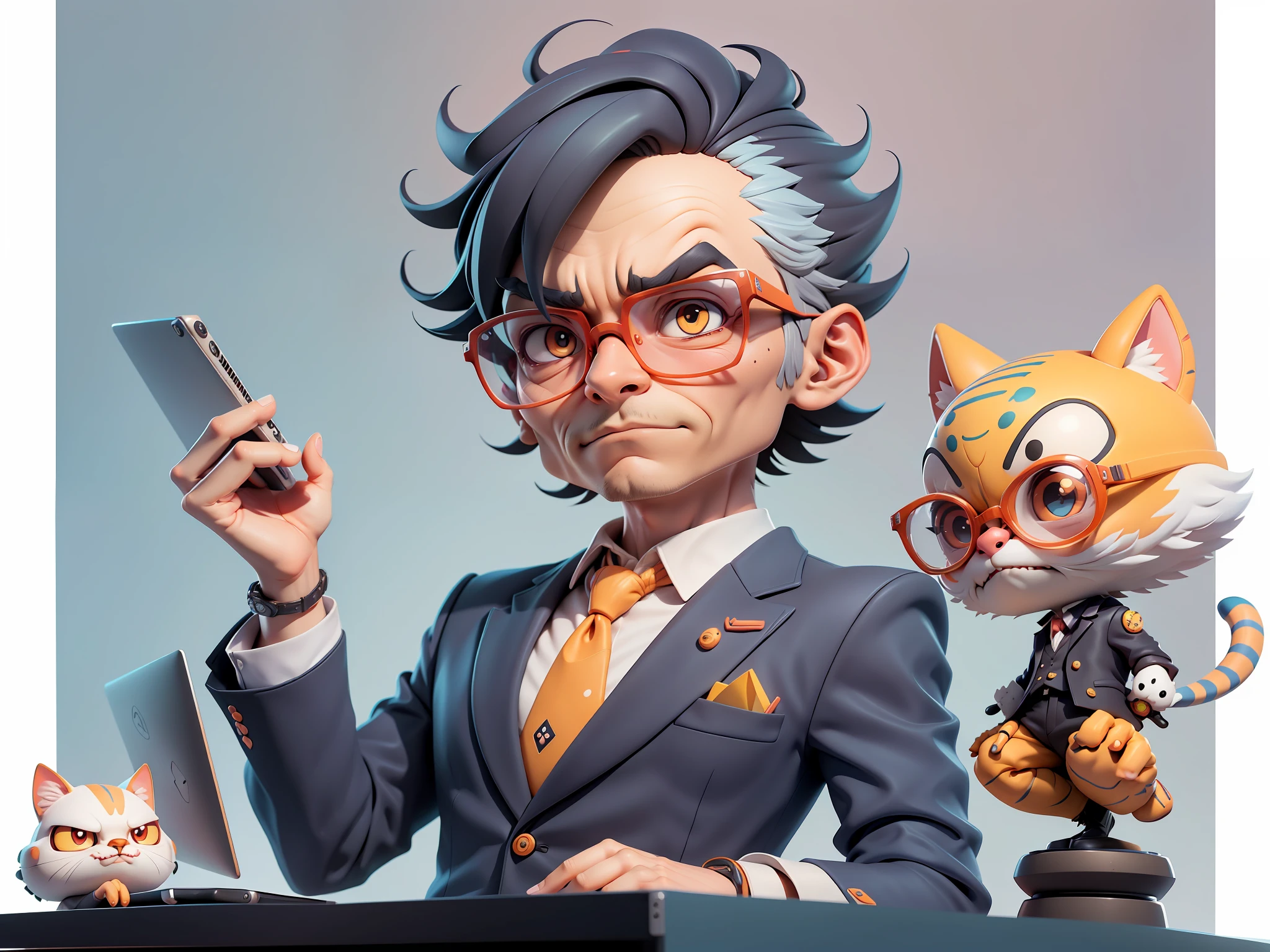 A young man in a suit, Short hair and glasses sat at his desk，holding laptop，digitial painting，tigre，3D character design by Mark Clairen and Pixar and Hayao Miyazaki and Akira Toriyama，4K HD illustration，Very detailed facial features and cartoon-style visuals。