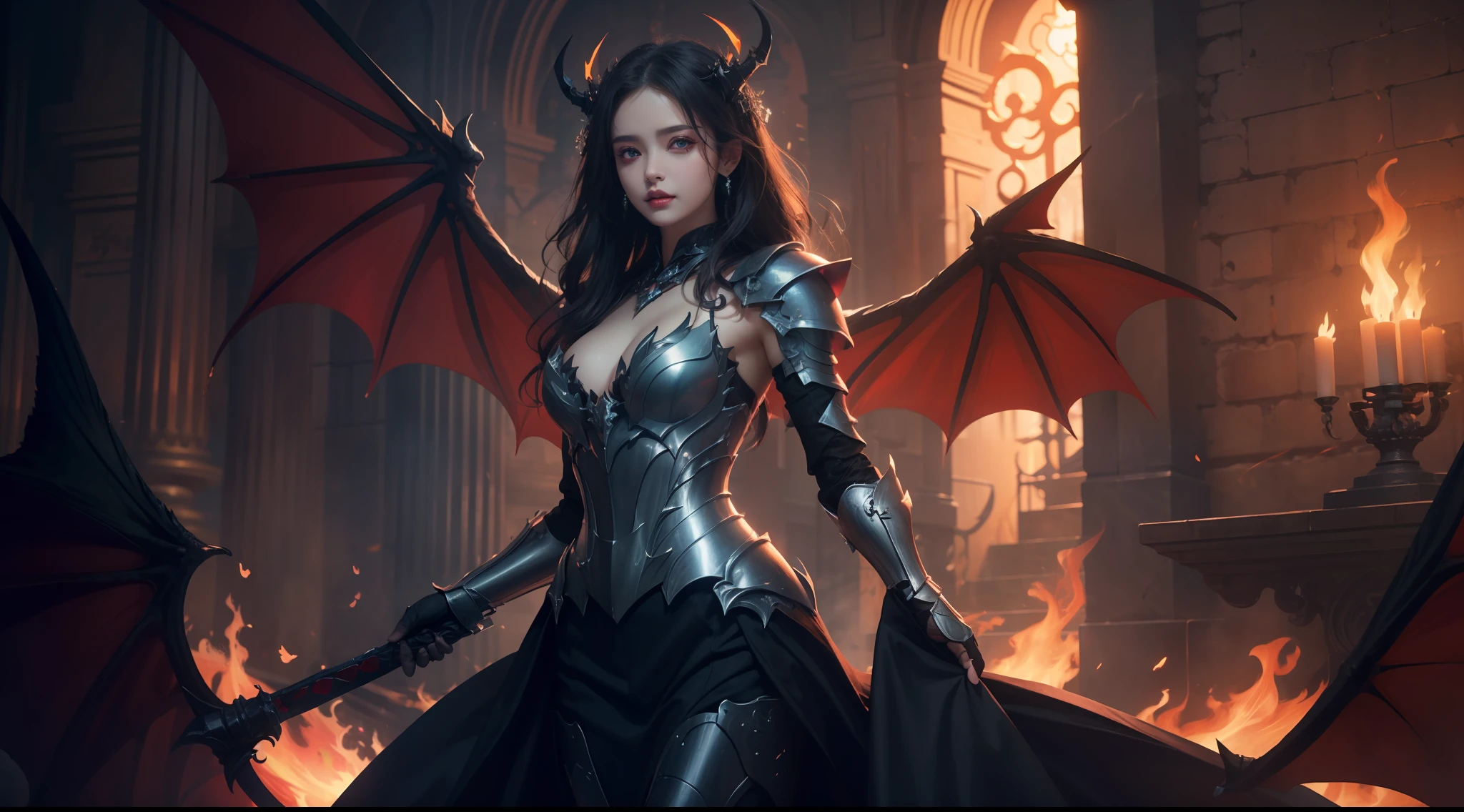(Extremely detailed Cg Unity 8K wallpaper,Masterpiece, Best quality, Ultra-detailed, Beautiful detailed eyes:1.2),Best illumination, (Best shadow, An extremely delicate and beautiful, full bloom),
1girll,Solo,Dragon's horn,Large breasts,Heavy armor,Long hair,holdingsword,Devil Wings,Bat wings,(Big wings:1.4),Film filter,satan, Hellfire,full bodyesbian,demon,Flame,Temple,illusory engine, (High detail: 1.9)