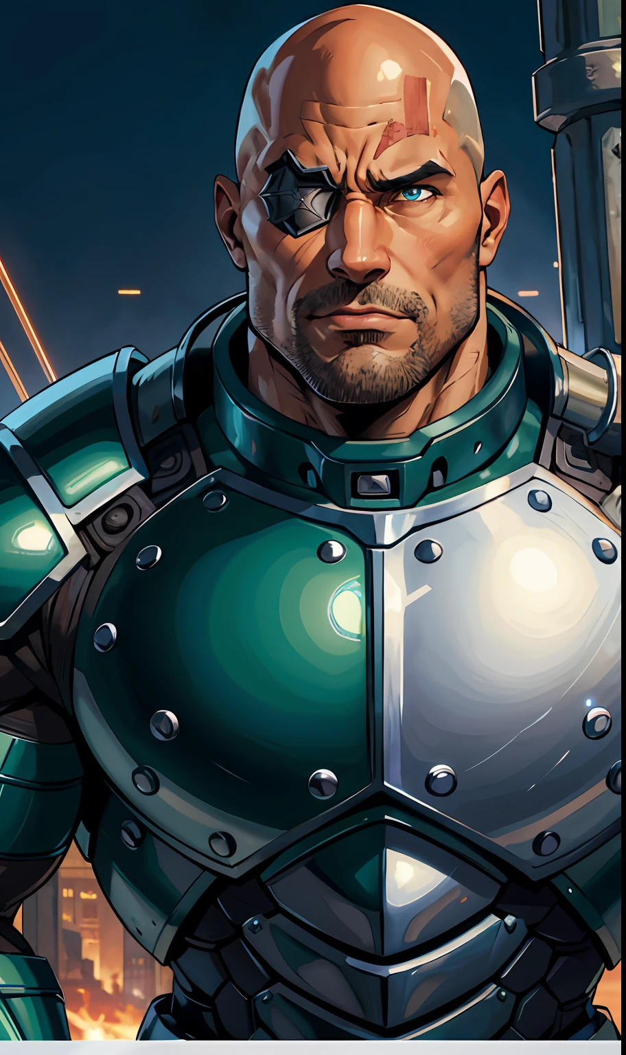 anime, male portrait, big man, very muscular, armor, cybernetic medieval gentleman, Dwayne Johnson face, bald, brown, glowing blue eye, human robot, Dwayne Johnson, sarcastic face, holding fantastic medieval giant sword, green cybernetic medieval armor and black, dynamic fight pose, detailed, epic composition, eyepatch on right eye, scar on right eye showing metal part, chubby, bara, green armor, Black armor, big armor Knight, cybernetic warrior, high quality, 4k --V6