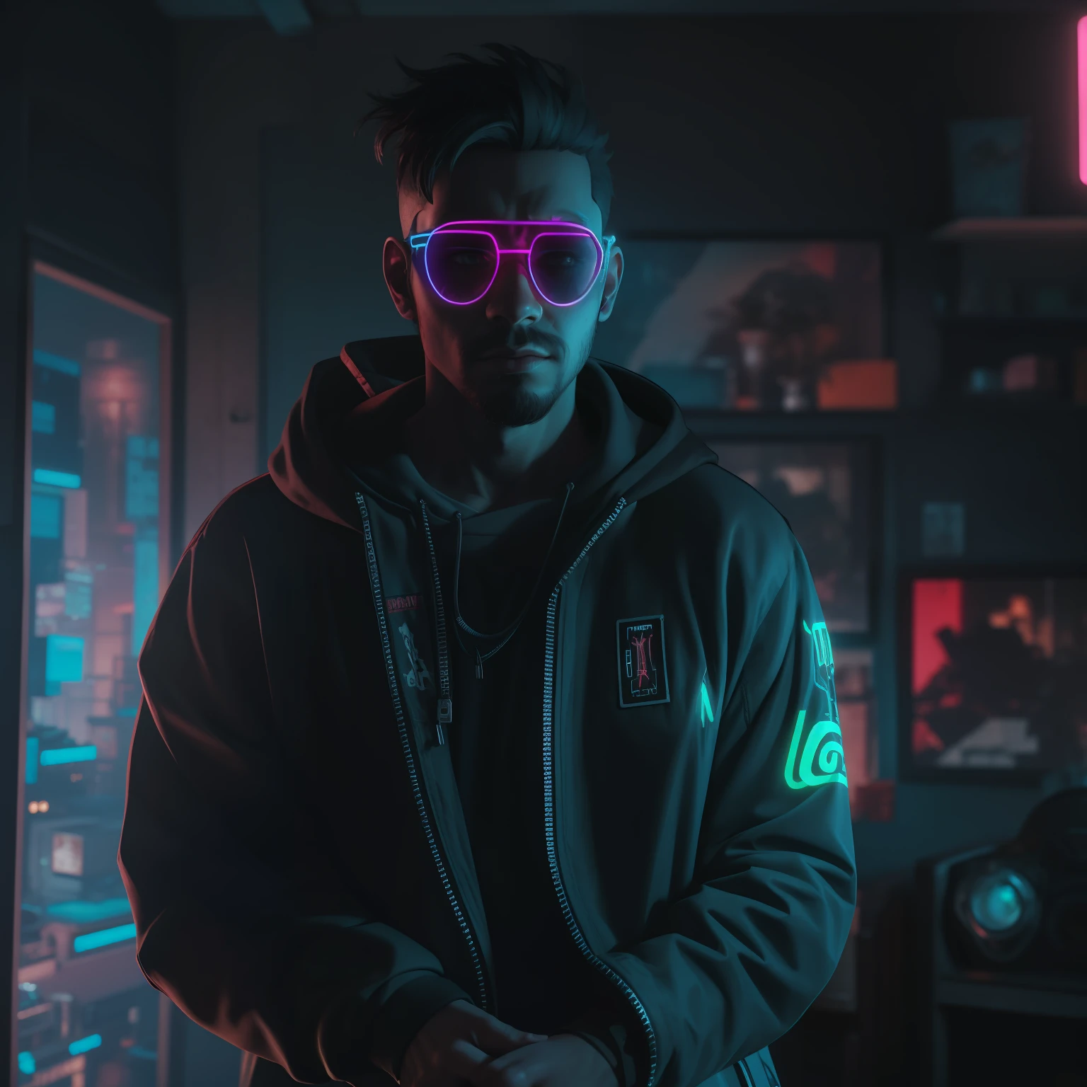 Hum homem negro gamer estilo Cyberpunk em uma sala se neon, light cinematic, entra detalhado, hyper realista,  lente 50mm, fundo desfocado, Cinematic color grading, fotografia raw