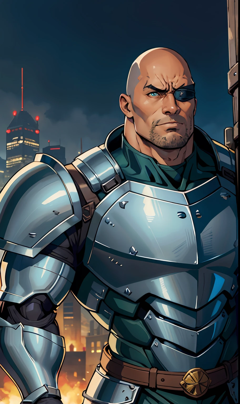 anime, male portrait, big man, very muscular, armor, cybernetic medieval gentleman, Dwayne Johnson face, bald, brown, glowing blue eye, human robot, Dwayne Johnson, sarcastic face, holding fantastic medieval giant sword, green cybernetic medieval armor and black, dynamic fight pose, detailed, epic composition, eyepatch on right eye, scar on right eye showing metal part, chubby, bara, green armor, Black armor, big armor Knight, cybernetic warrior, high quality, 4k --V6