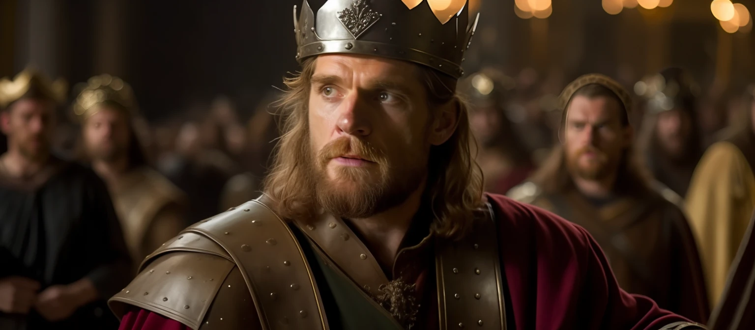 a man with a crown on his head, expression of wickedness, sobrancelhas curvadas, as if looking at someone, in a crowd, king richard the lionheart, Velho Rei Medieval, Henry Cavill como um deus grego, biblical epic movie, Nicolau, Rei Artur, Rei Viking, grande rei de stovokor, epic viking king, Willem Dafoe em Plague Knight, Bryan Cranston como Thor, Guilherme Dafoe, usando coroa de reis
