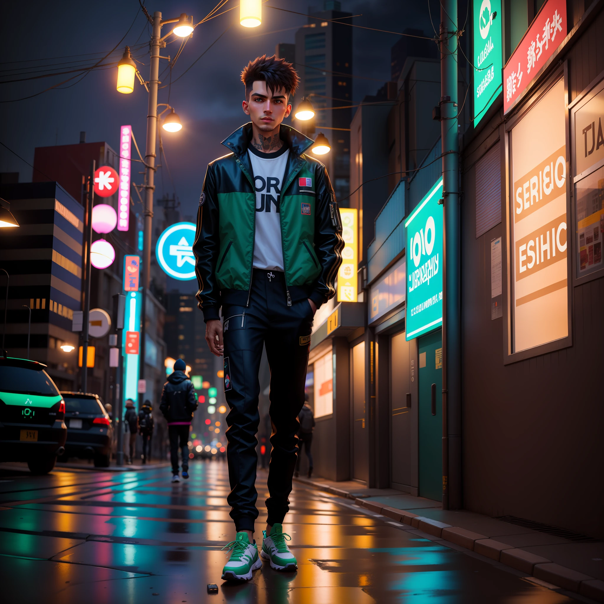 Homem de jaqueta verde e preta caminhando por uma rua, hero pose colorful city lighting, usando streetwear cyberpunk, japanese streetwear, standing in a city street, Cyberpunk Streetwear, on tokyo cyberpunk night rooftop, Tiro na Canon EOS R 5, Tiro na Canon EOS R5, wearing japanese techwear, posando em uma rua urbana, vestindo roupas urbanas