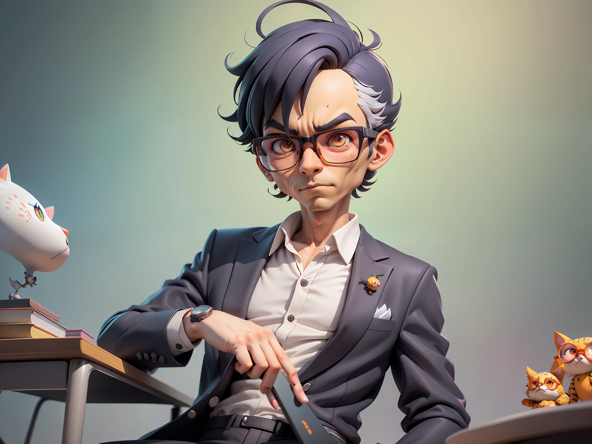 A young man in a suit, Short hair and glasses sat at his desk,holding laptop,digitial painting,tigre,3D character design by Mark Clairen and Pixar and Hayao Miyazaki and Akira Toriyama,4K HD illustration,Very detailed facial features and cartoon-style visuals。