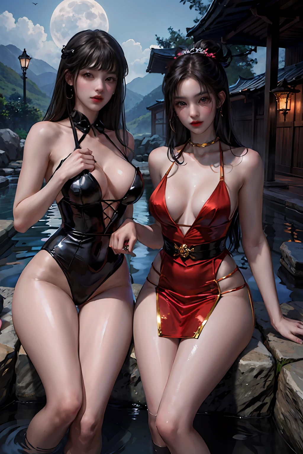 (Masterpiece:1.2),(Photorealsitic:1.5),2girls, duo,Silk,Satin,Skirt,onsen,Moonlight,