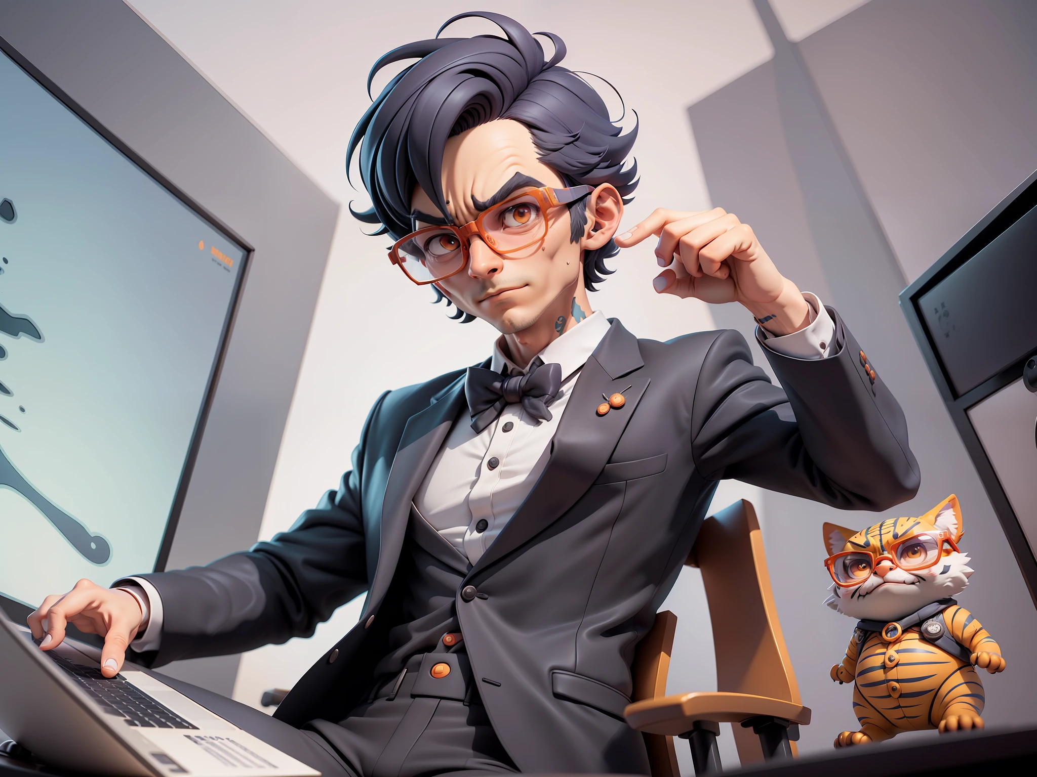 A young man in a suit, Short hair and glasses sat at his desk,holding laptop,digitial painting,tigre,3D character design by Mark Clairen and Pixar and Hayao Miyazaki and Akira Toriyama,4K HD illustration,Very detailed facial features and cartoon-style visuals。