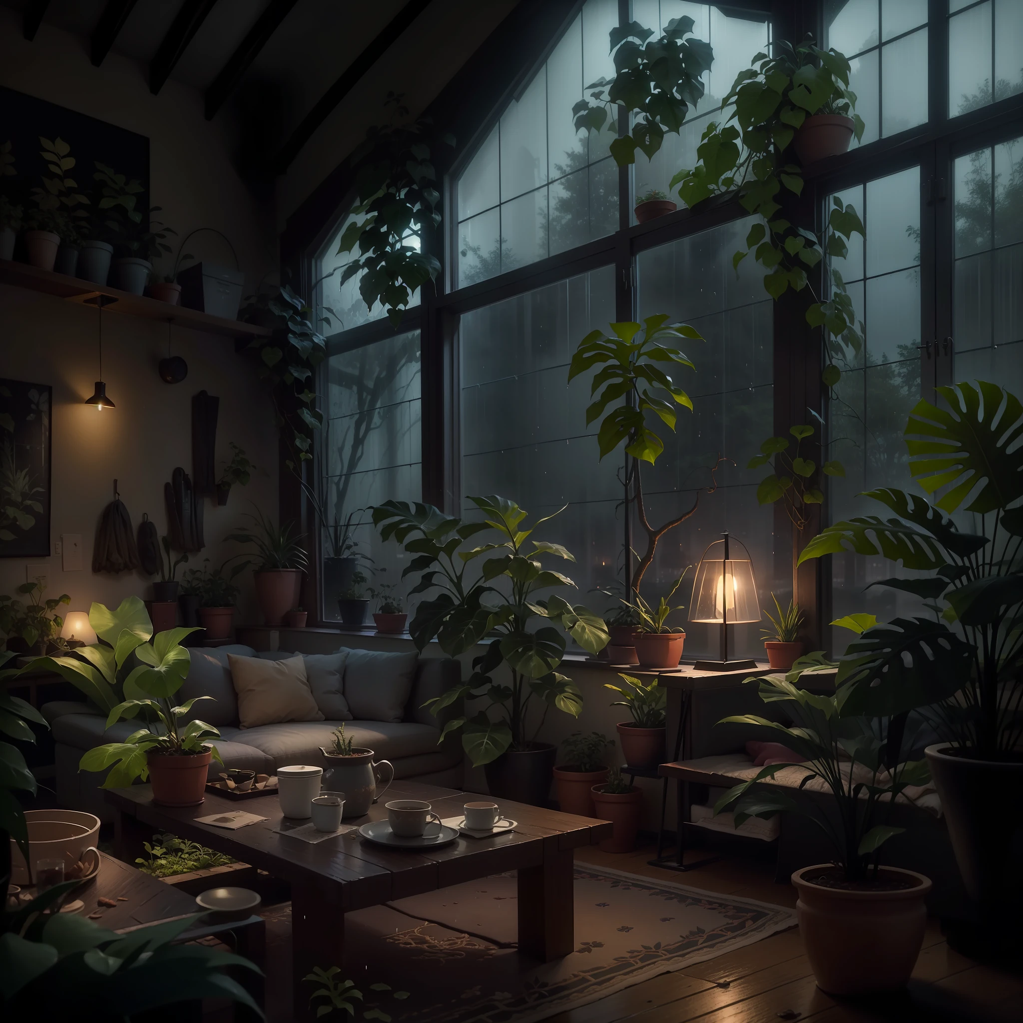 The medieval modern living room is dimly lit，There were dark rainy nights outside, (Foggy and rainy evening:1.2), Pacific Northwest, (Dim lighting:1.4), (Moody lighting:1.2), a plant, Large plants, Rainy, Monstera, Many plants, (Foggy windows:1.2), Masterpiece, Best quality, Twilight Hour, (during night:1.4), rainy evening, After sunset,