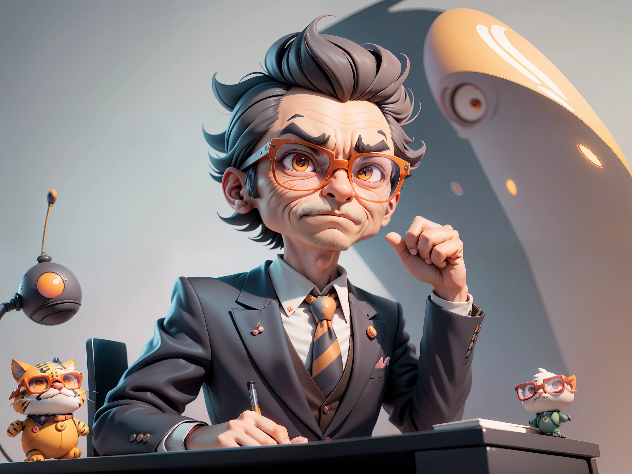 A young man in a suit, Short hair and glasses sat at his desk,holding laptop,digitial painting,tigre,3D character design by Mark Clairen and Pixar and Hayao Miyazaki and Akira Toriyama,4K HD illustration,Very detailed facial features and cartoon-style visuals。