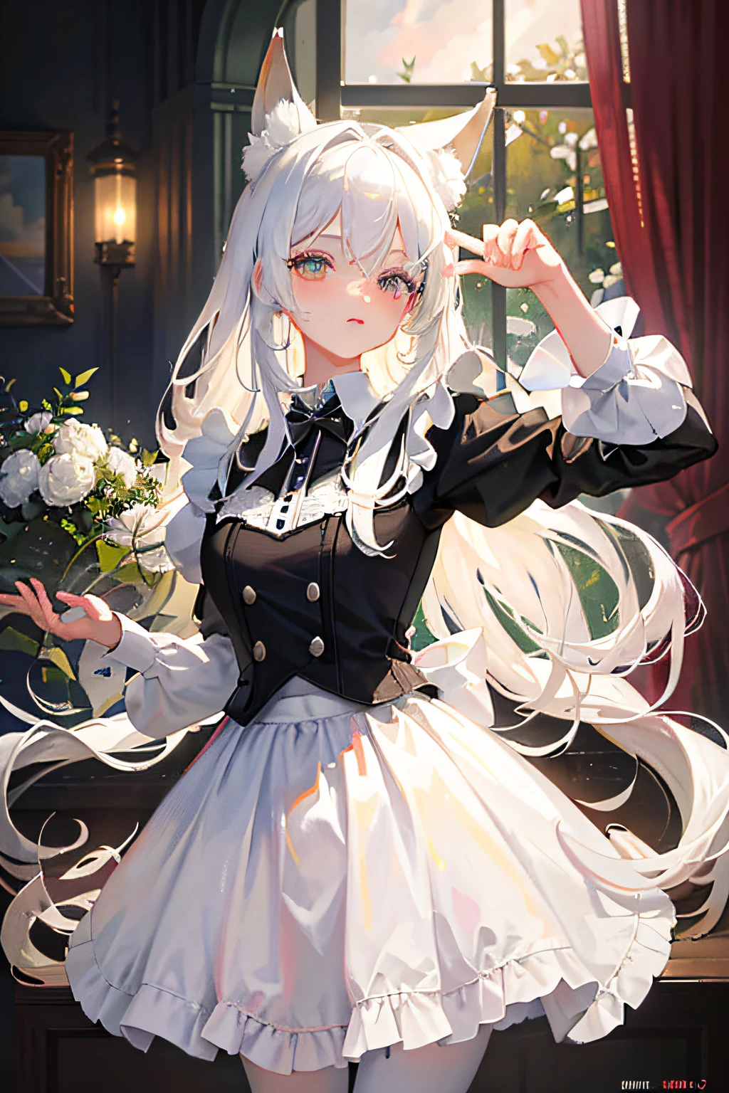 Masterpiece, Best quality, 1girll, White hair, Long hair, Fox ears, Open eyes, view the viewer, :3, Large, Exposed maid outfit, In the room,