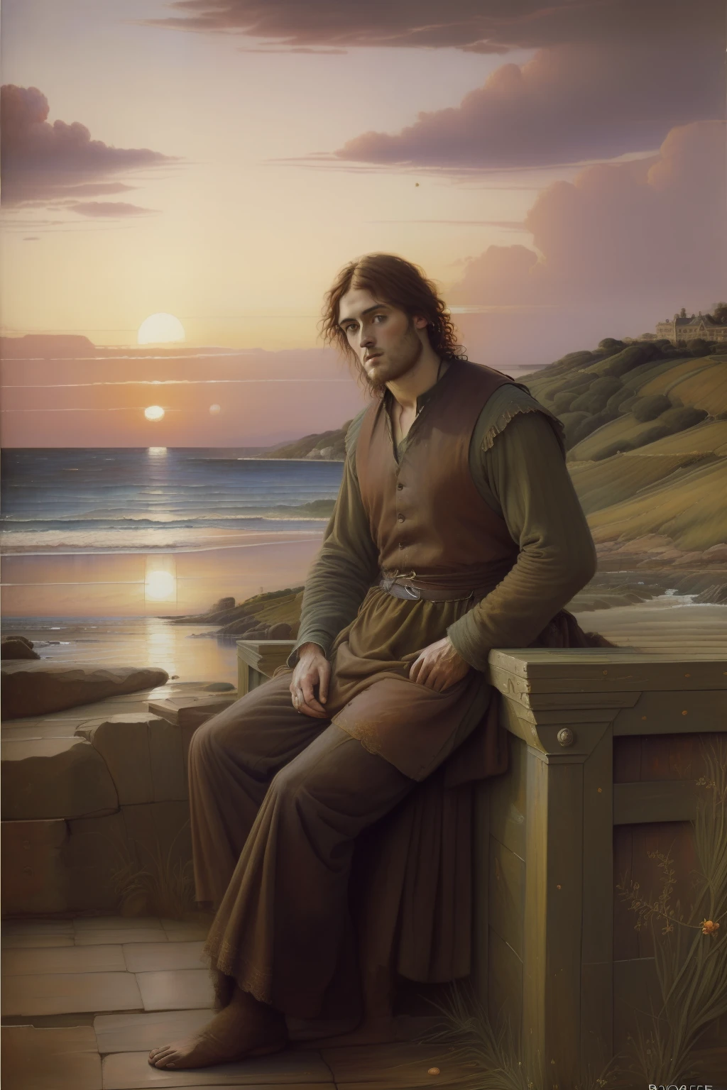 (((Pre-Raphaelite painting of a rustic man looking tired and melancholy, See the sunset on the sad sea, roupa xadrez)))