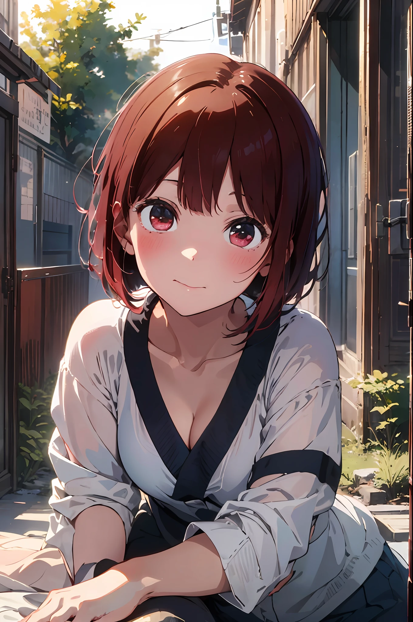 ((Best Quality)), ((Masterpiece)), (Details: 1.4),Anatomical, award-winning concept art, beautiful, fine details, warm soft color grading, depth of field, highly detailed CG Unity 8k wallpaper, amazing, best illustration, lens 135mm, glossy, light reflection, clear, very elaborate, RAW, photography, portrait, official art, beautiful and aesthetic, 1 girl, solo, child actor, red hair, red eyes, short hair, exposure, bandage, exposure, cleavage, shoulder out, kimono, (on all fours: 1.2), blush, opening, cherry, grass, realism, vibrant, moment when the lover was in a miracle, fantastic visual depiction, professional effects, 13age, beautiful girl, petite girl, loli big, beautiful nails, beautiful fingers