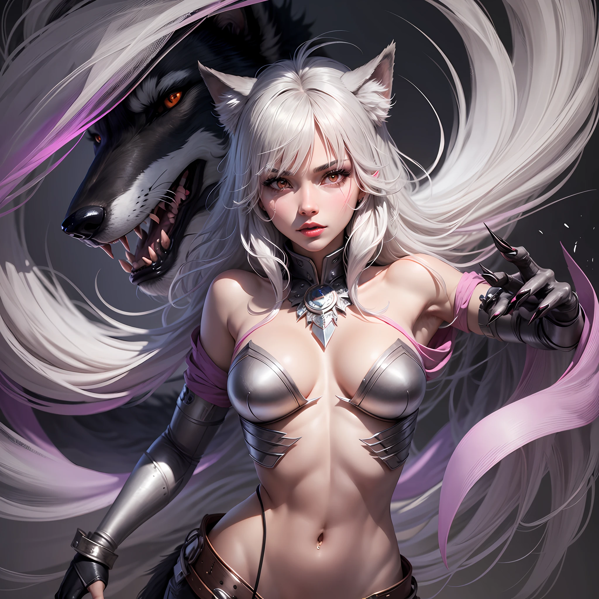 female, howl humain face, black skin, pink eyes, pink lips, prominent silver canine, body half wolf, purple fur, long silver claws, arms outstretched --auto --s2
