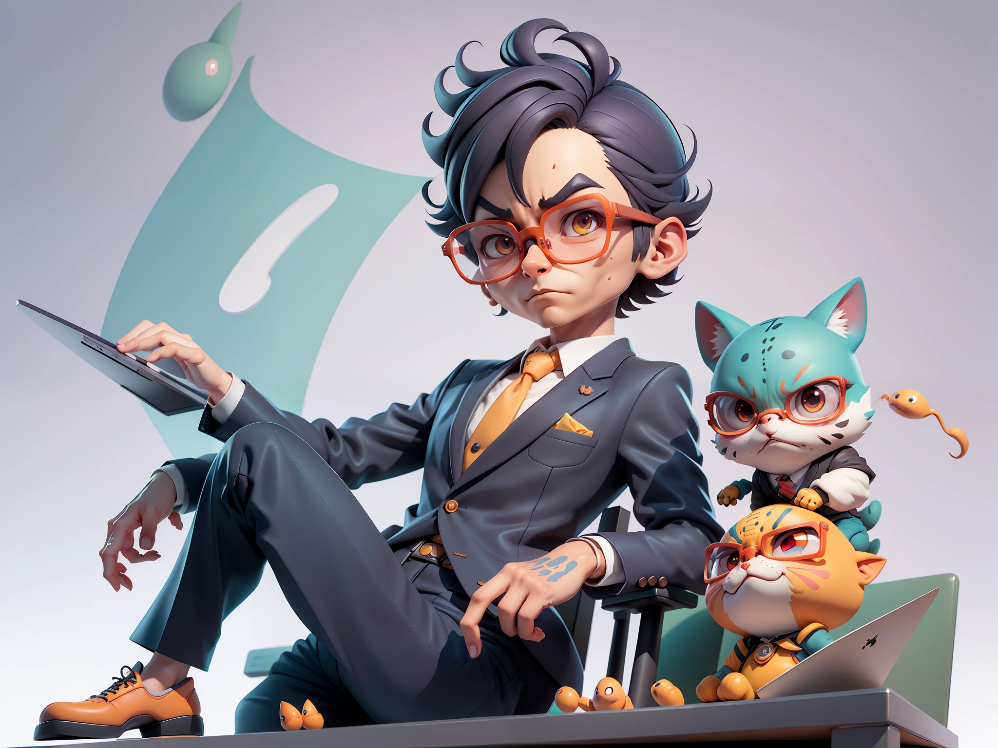A young man in a suit, Short hair and glasses sat at his desk，holding laptop，digitial painting，tigre，3D character design by Mark Clairen and Pixar and Hayao Miyazaki and Akira Toriyama，4K HD illustration，Very detailed facial features and cartoon-style visuals。