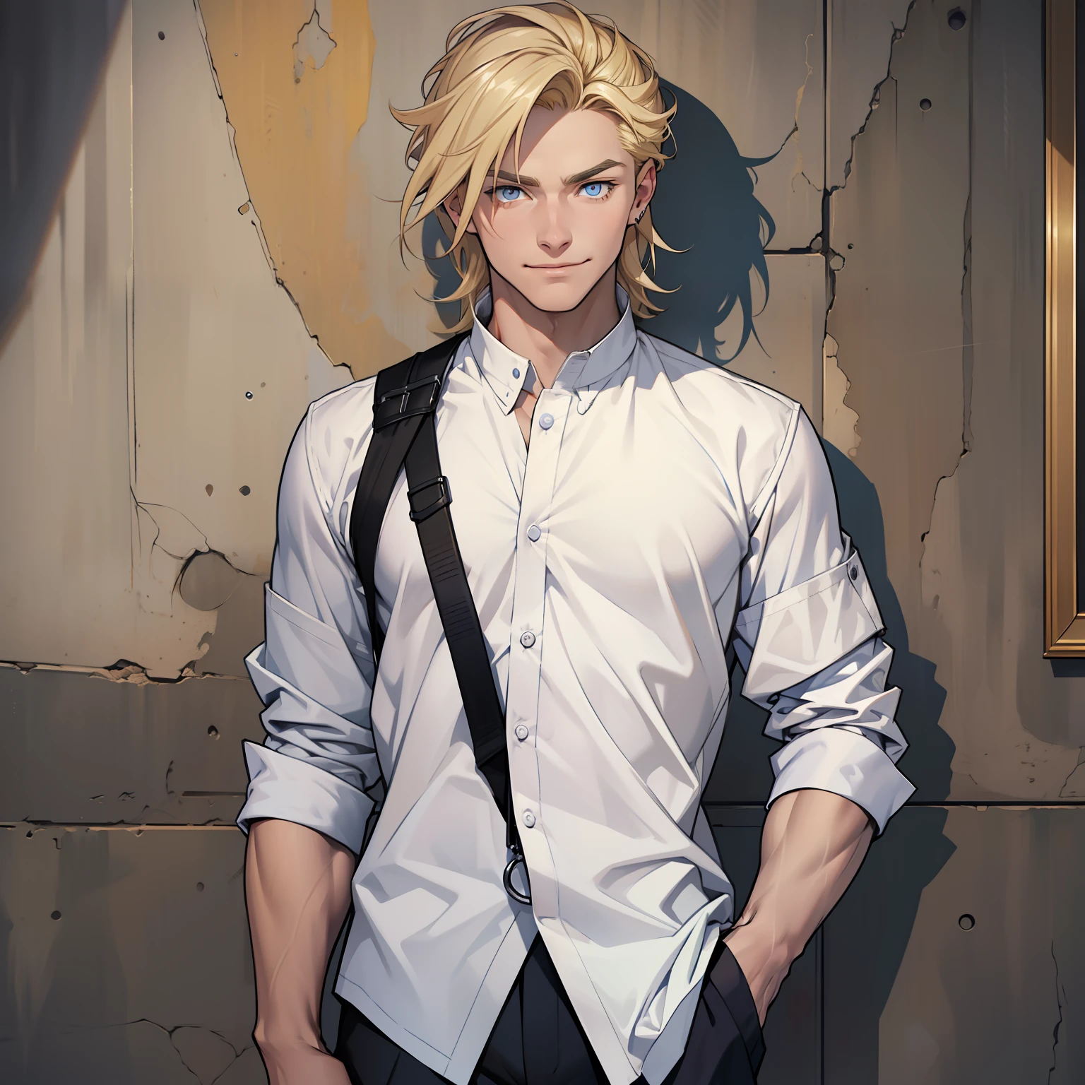 I am a young attractive man with shoulder length blonde hair. My eyebrows are the same color as my hair. I also have pale blue eyes that look like ice. I dress in clothes that fit my frame, nothing too tight or too baggy. And of course I have a sly yet confident smile.