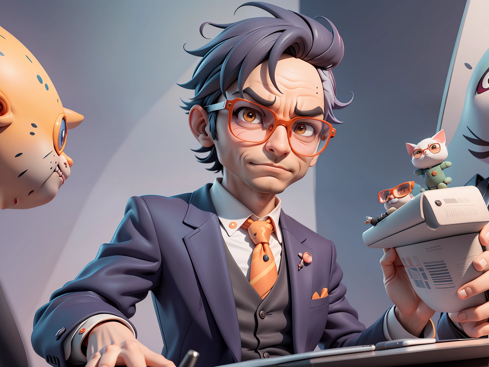 A young man in a suit, Short hair and glasses sat at his desk，holding laptop，digitial painting，tigre，3D character design by Mark Clairen and Pixar and Hayao Miyazaki and Akira Toriyama，4K HD illustration，Very detailed  features and cartoon-style visuals。