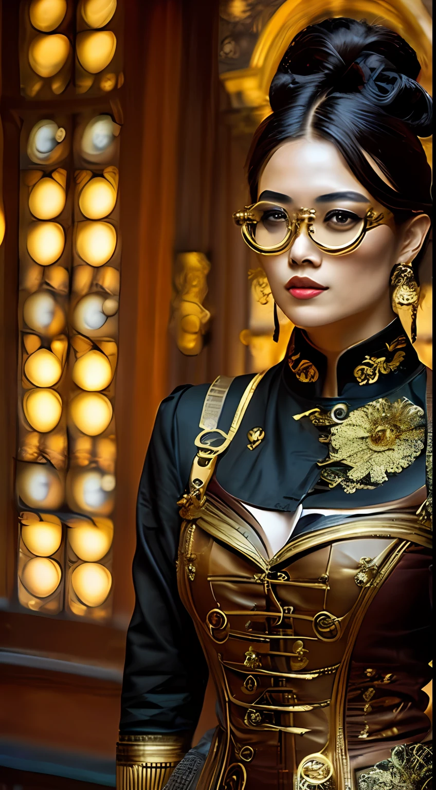 still do filme [Steampunk:Clockpunk:16], foco nos olhos, melhor qualidade, (mulher koreana da era vitoriana com pele escura), rosto perfeito, [[maquiagem ornamentada]], (wearing mechanical overalls with opulent gold embroidery), (( Steampunk glasses)), mechanicalparts, well-oiled machine, cota de malha, poses sedutoras, luxurious interior of the mansion [da era vitoriana|Steampunk], Mechanical city, (pele detalhada), [arrepio], [[detalhes imperfeitos da pele]], calafrios, profundidade de campo rasa, natural  lightting, (backlighting:0.7), (film granulation:1.1), fotografado em uma Canon AE-1, lente macro 100mm F/2.8, Fujifilm Fujicolor 800, semelhante a filme, absurdos, (altamente detalhado, detalhadamente detalhado), (meio corpo: 0,9)