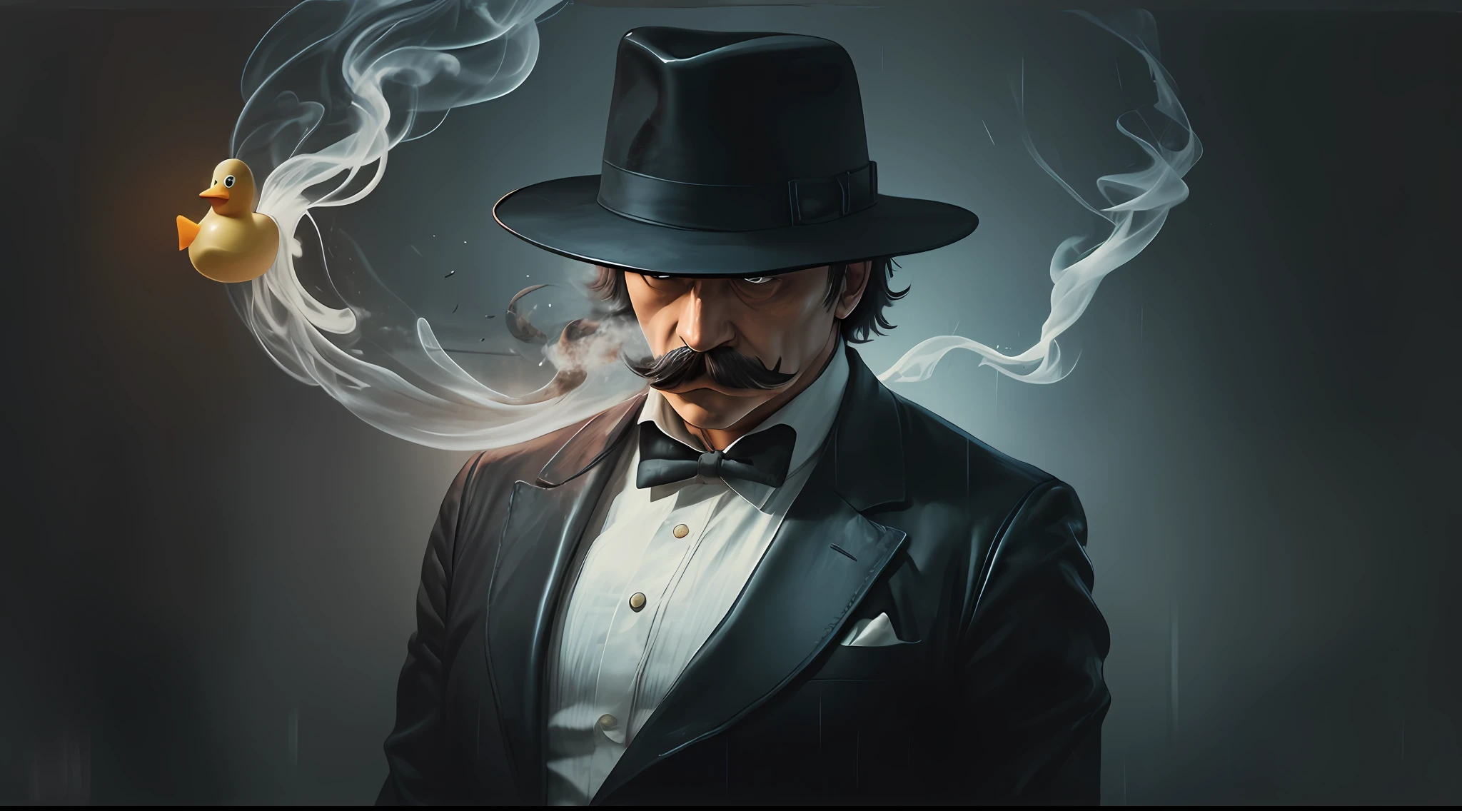 noir detective mr. Rubber Duck. Smoke, rain, moustache and bravery. He can solve any puzzle. But can't beat his inner demons. Expressive dark matte gouche painting. --auto --s2