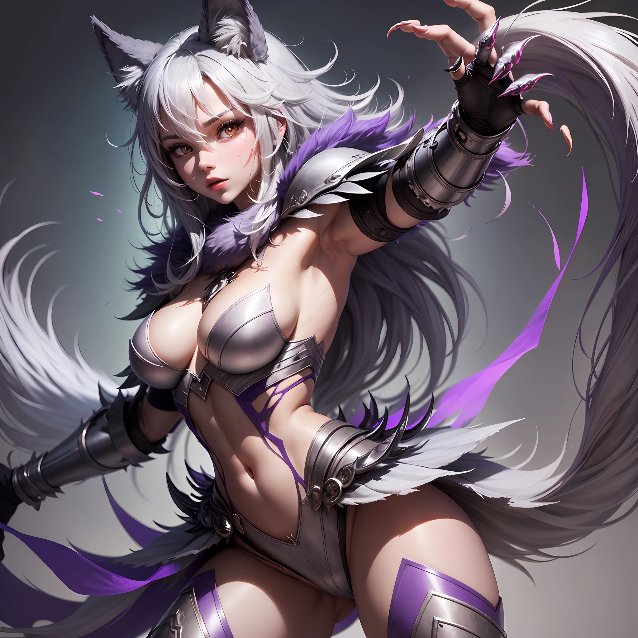 female body wolf, purple fur, long silver claws, arms outstretched, stand-up --auto --s2