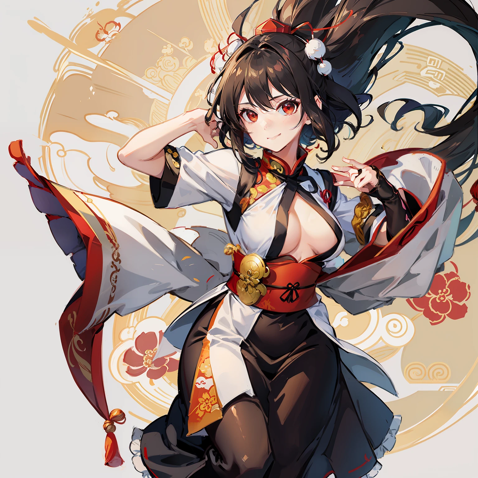 Anime art of Seishō Marubun in traditional Chinese costume, 1girl in, Solo, breasts, The hair , Bow, chinese clothes, Dress, qipao dress, hair tubes, cleavage、mideum breasts, Black hair, Brown eyes, alternate costume, Smile, Clothes Cutout