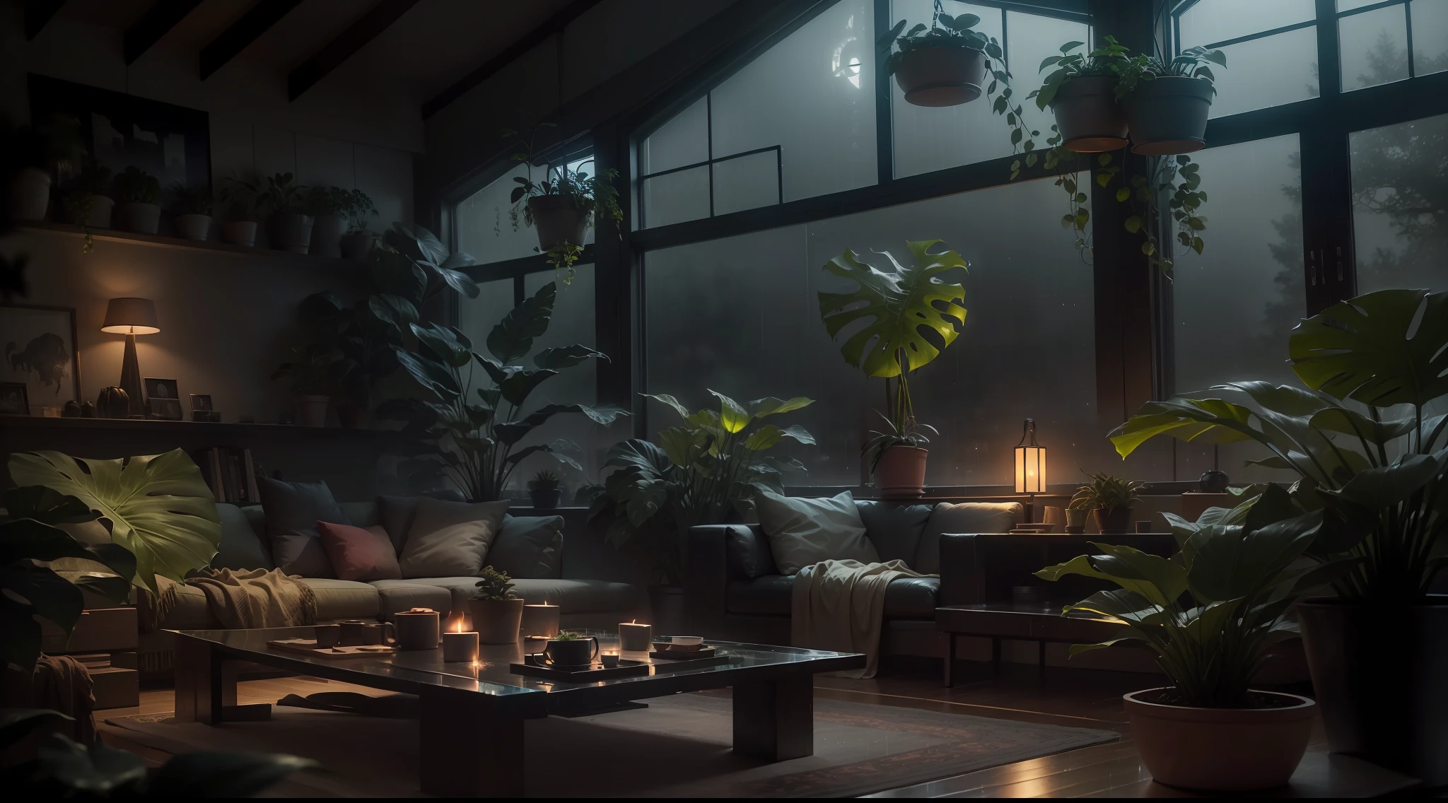 The modern living room of the Middle Ages is dimly lit,There were dark rainy nights outside, (Foggy and rainy nights:1.2), Pacific Northwest, (Dim lighting:1.4), (Moody lighting:1.2), A plant, Large plants, Rainy, Monstera, Many plants, (Foggy windows:1.2), Masterpiece, Best quality, Twilight Hour, (during night:1.4), rainy evening, After sunset,