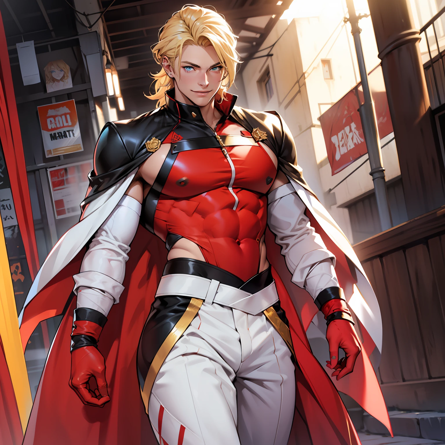I am tall and athletic, with golden blonde hair and piercing blue eyes. My lips are always painted crimson red, which only highlights my gorgeous smile. The fabric of my outfit is soft, but the cut of it is sharp and bold, allowing me to move with ease despite its form-fitting nature. Male, bara