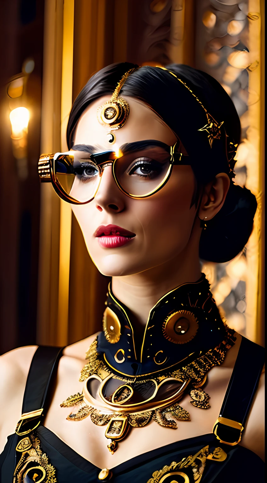 still do filme [Steampunk:Clockpunk:16], foco nos olhos, melhor qualidade, (mulher  Ditamaetop da era vitoriana com pele escura), rosto perfeito, [[maquiagem ornamentada]], (wearing mechanical overalls with opulent gold embroidery), (( Steampunk glasses)), mechanicalparts, well-oiled machine, cota de malha, poses sedutoras, luxurious interior of the mansion [da era vitoriana|Steampunk], Mechanical city, (pele detalhada), [arrepio], [[detalhes imperfeitos da pele]], calafrios, profundidade de campo rasa, natural  lightting, (backlighting:0.7), (film granulation:1.1), fotografado em uma Canon AE-1, lente macro 100mm F/2.8, Fujifilm Fujicolor 800, semelhante a filme, absurdos, (altamente detalhado, detalhadamente detalhado), (meio corpo: 0,9)